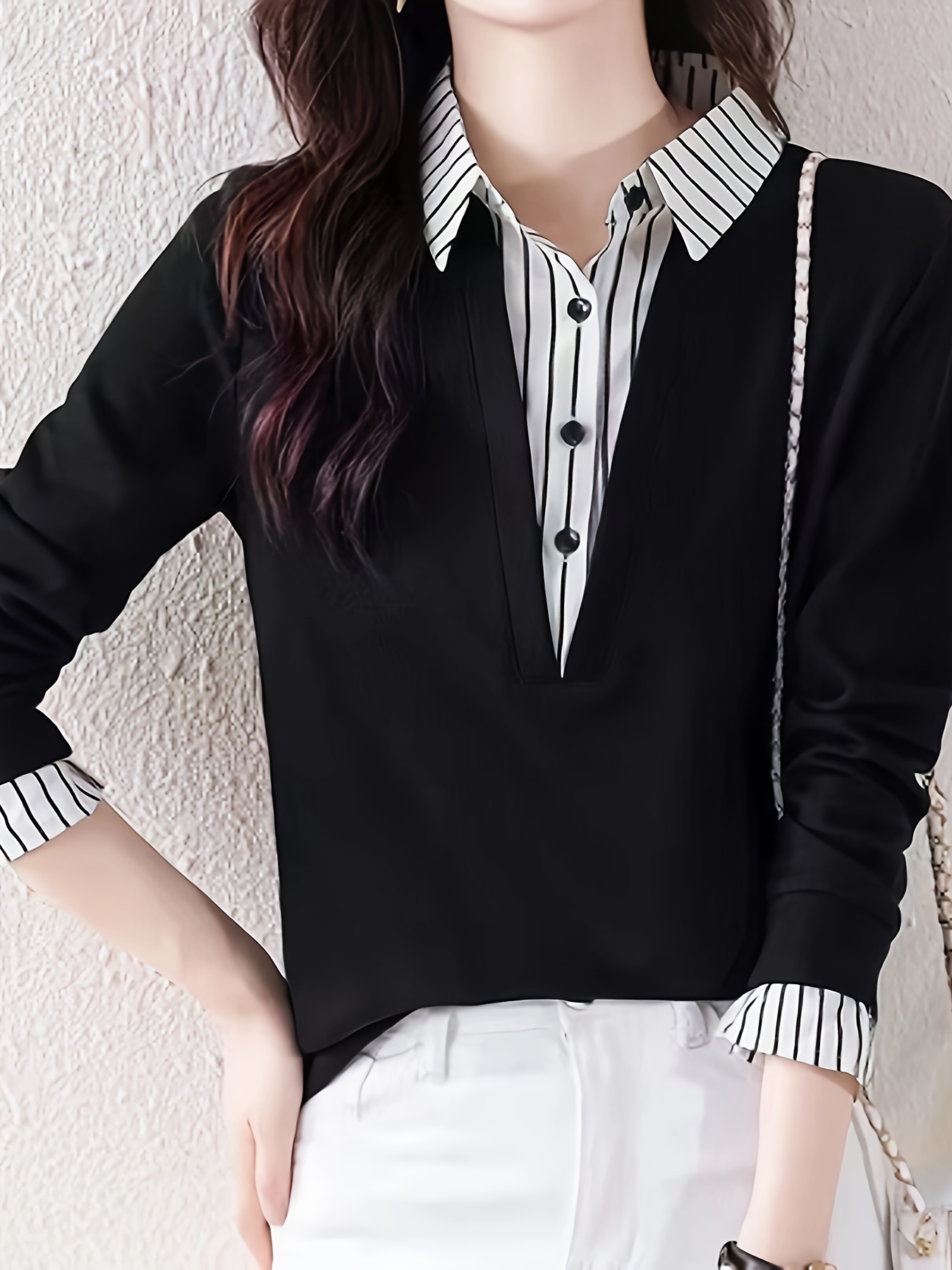 striped print color block splicing shirt casual long sleeve button front shirt for spring fall womens clothing details 0