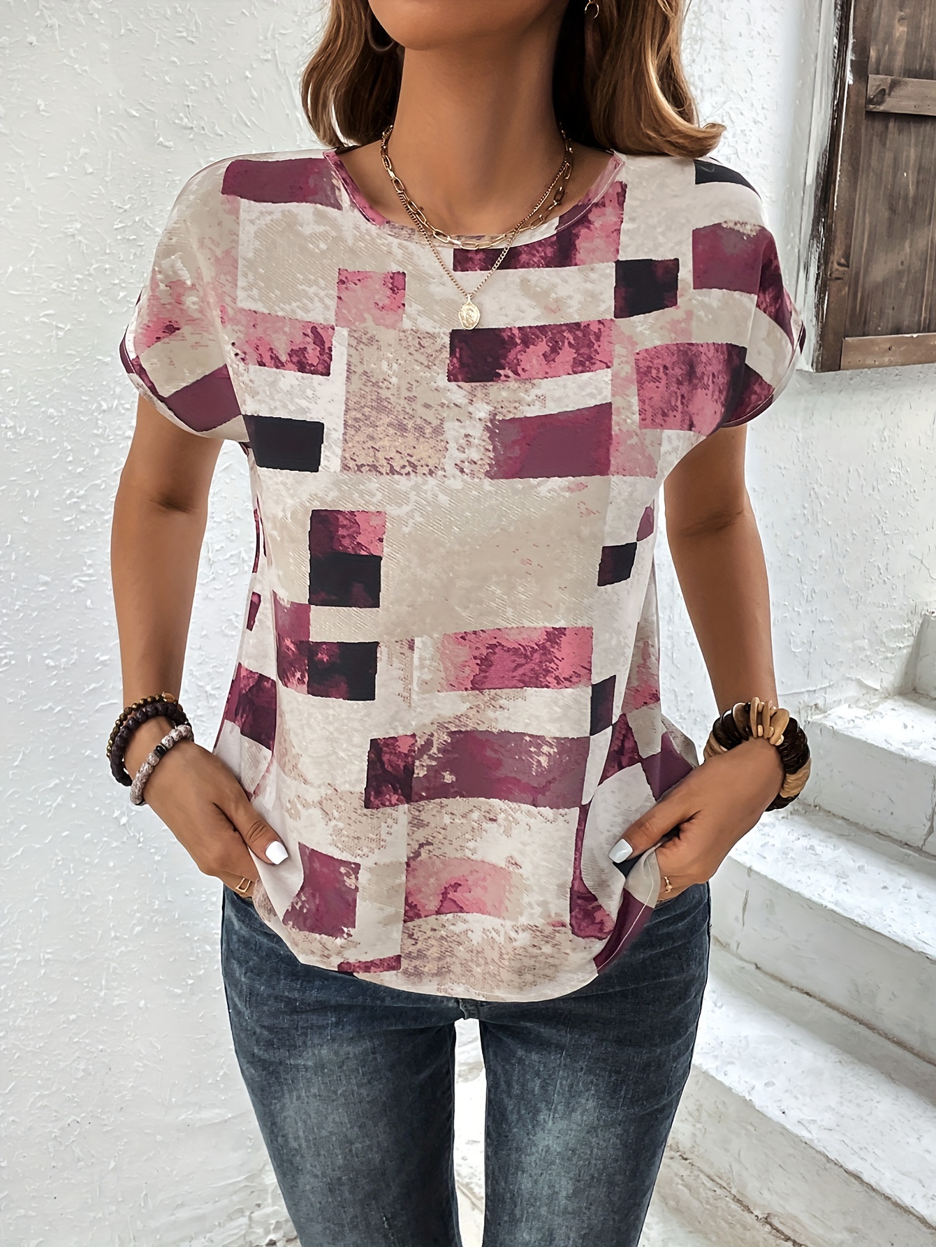 graphic print crew neck t shirt short sleeve aztec print tops womens clothing details 21