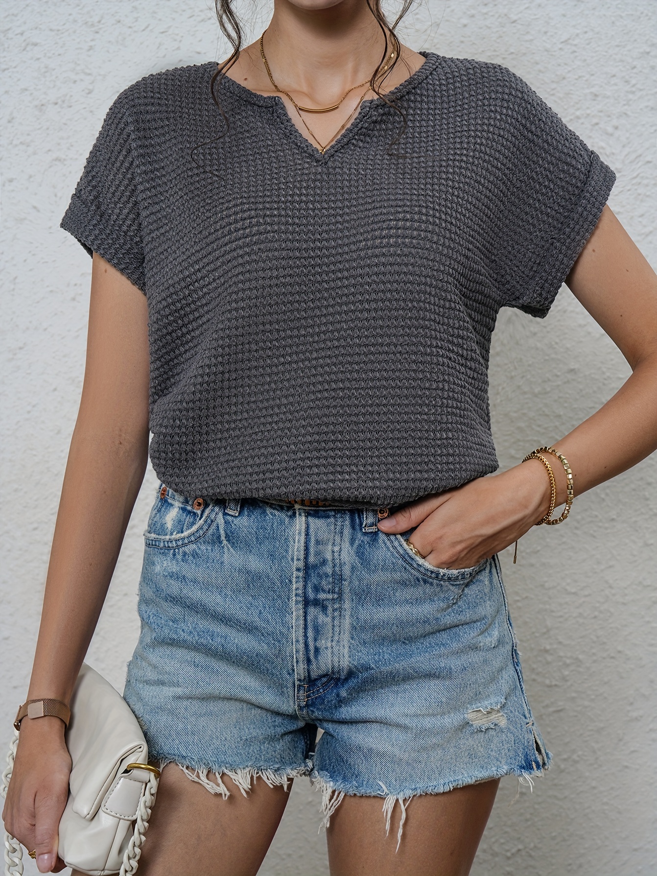 waffle knit v neck blouse casual short sleeve blouse for spring summer womens clothing details 15