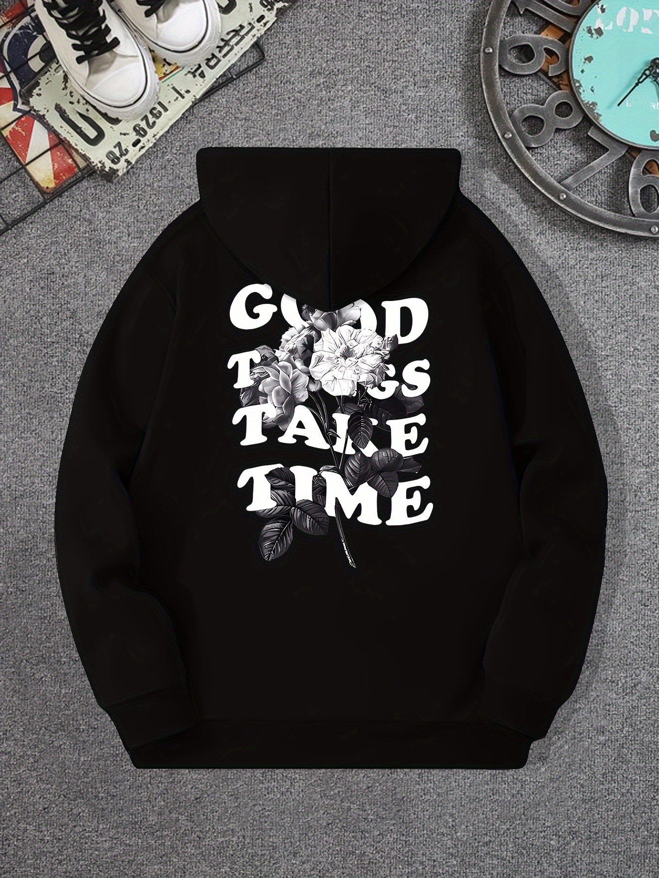 good things take time flower print mens pullover round neck long sleeve hooded sweatshirt pattern loose casual top for autumn winter mens clothing as gifts details 40