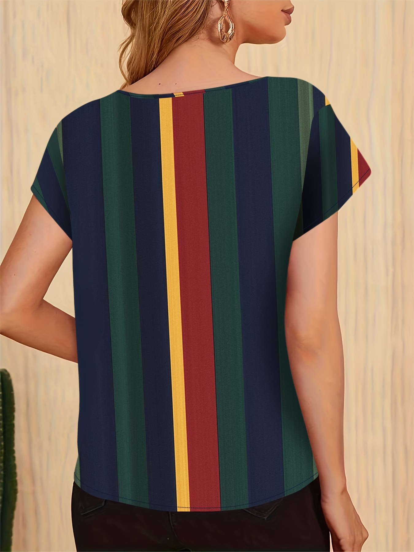striped print color block blouse casual crew neck short sleeve top for spring summer womens clothing details 15
