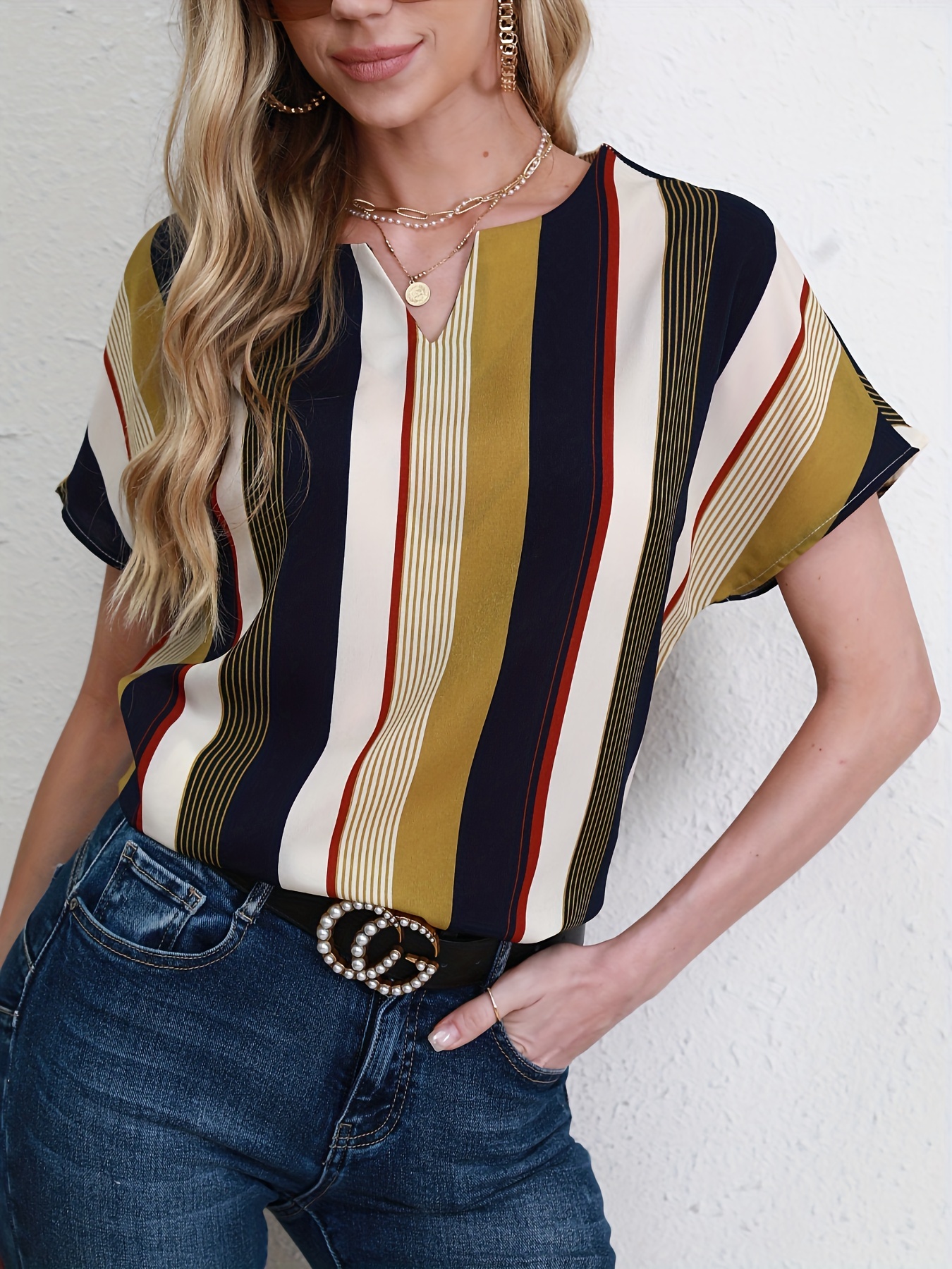 striped notched neck blouse casual short sleeve blouse for spring summer womens clothing details 6