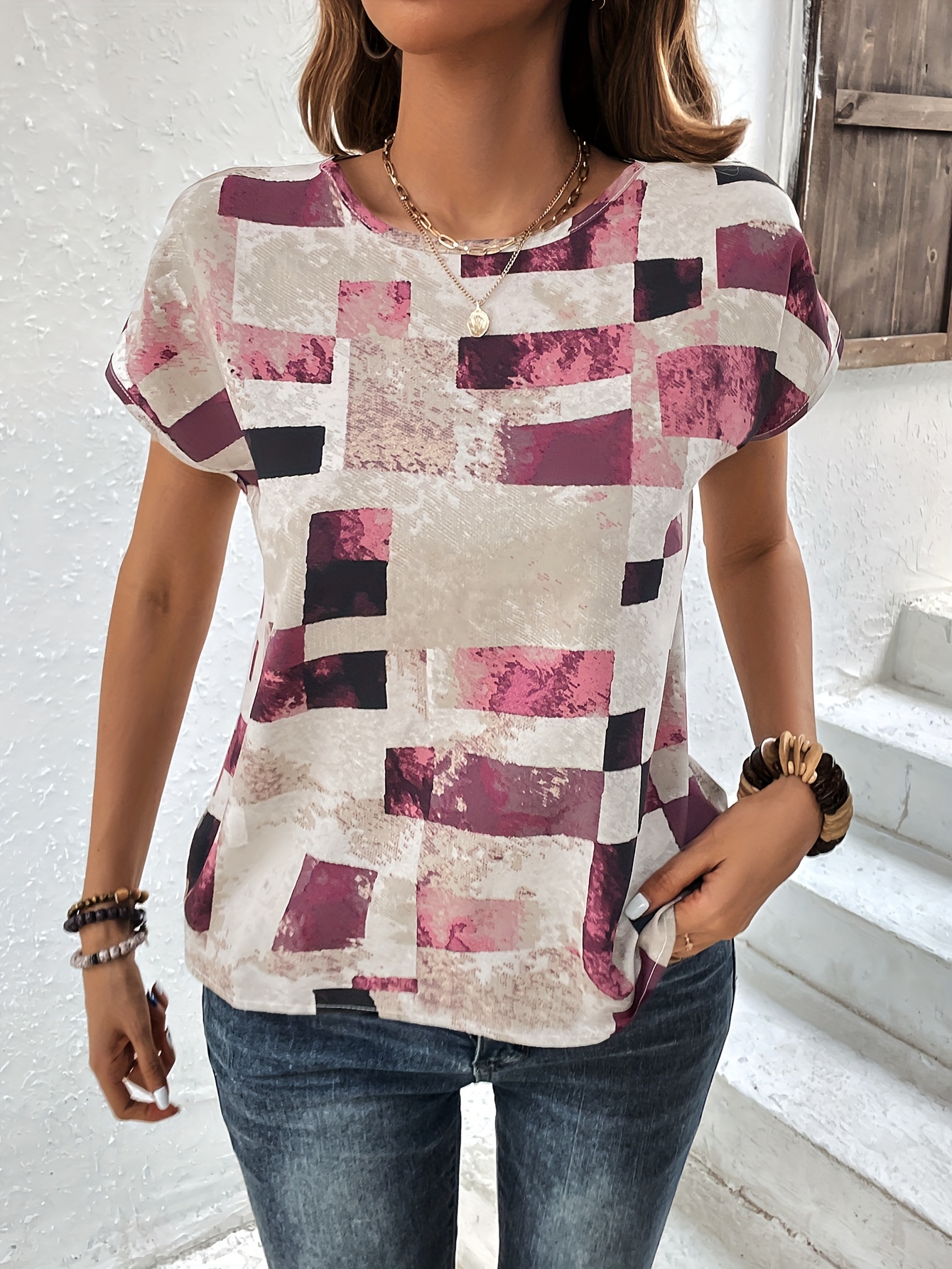 graphic print crew neck t shirt short sleeve aztec print tops womens clothing details 26