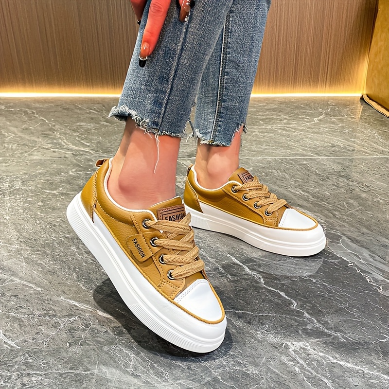 womens solid color casual sneakers lace up platform soft sole skate shoes low top versatile walking shoes details 2