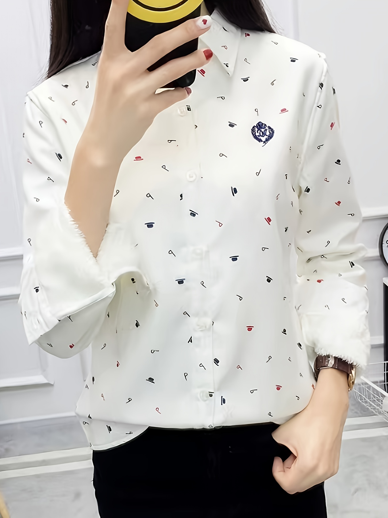 allover print simple shirt casual button front long sleeve shirt womens clothing details 8