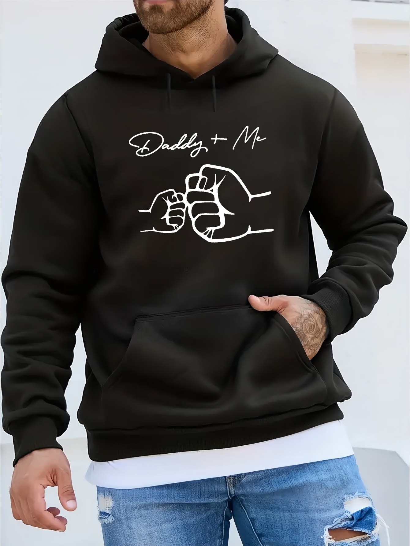 daddy me print kangaroo pocket fleece sweatshirt hoodie pullover fashion street style long sleeve sports tops graphic pullover shirts for men autumn winter gifts details 31