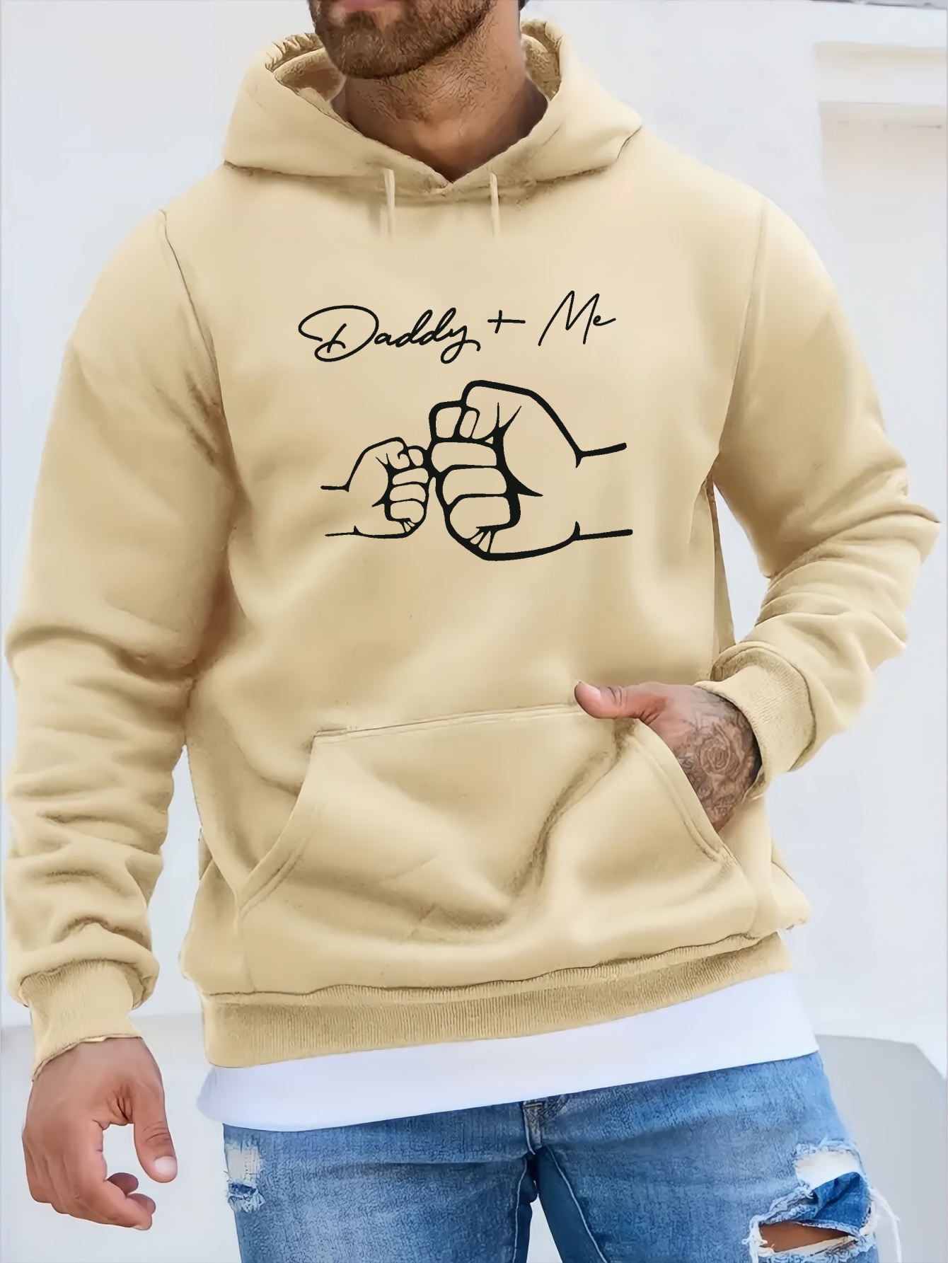 daddy me print kangaroo pocket fleece sweatshirt hoodie pullover fashion street style long sleeve sports tops graphic pullover shirts for men autumn winter gifts details 7