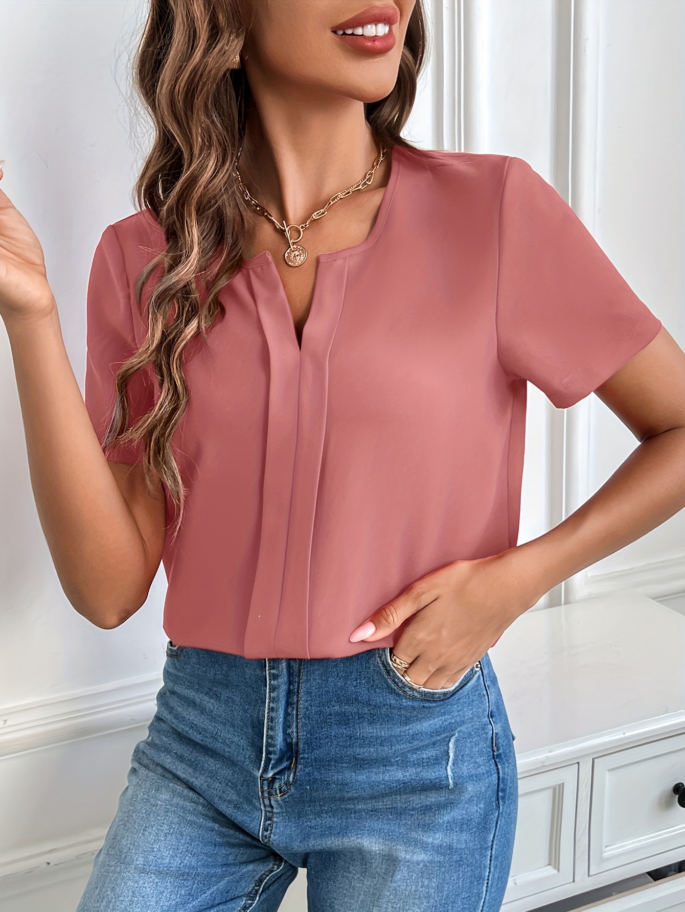 solid notched neck blouse casual short sleeve simple blouse womens clothing details 24