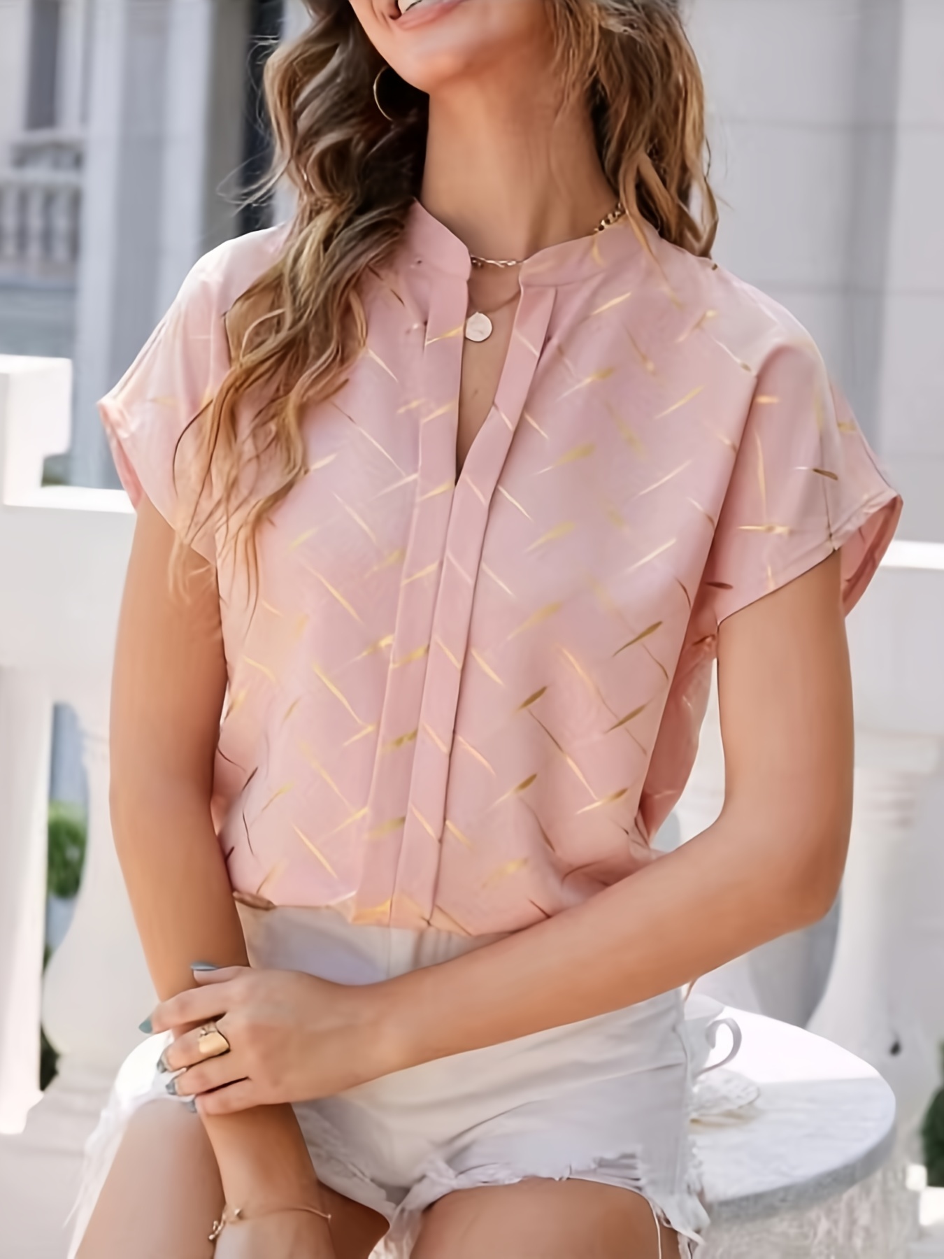 fluorescent v neck short sleeve shirt casual loose office stylish shirt womens clothing details 3