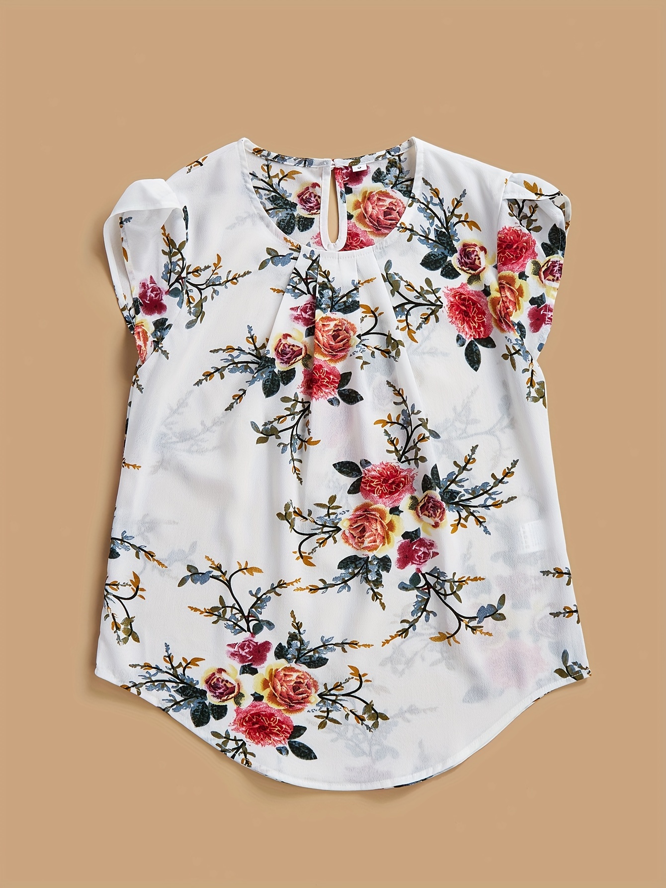 vintage floral print blouse elegant crew neck petal sleeve keyhole blouse womens clothing details 1
