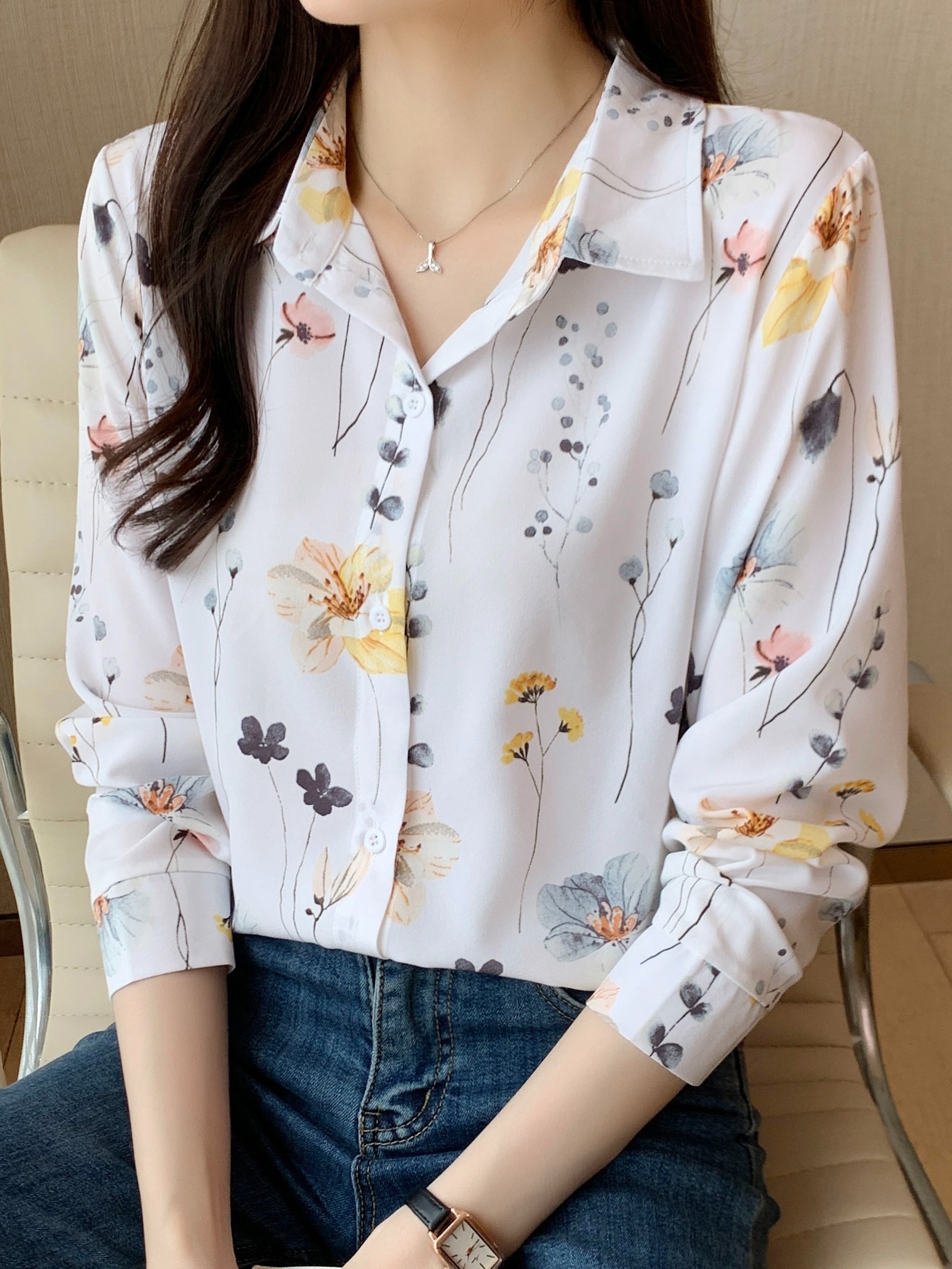 floral print button front shirt casual long sleeve shirt for spring fall womens clothing details 4