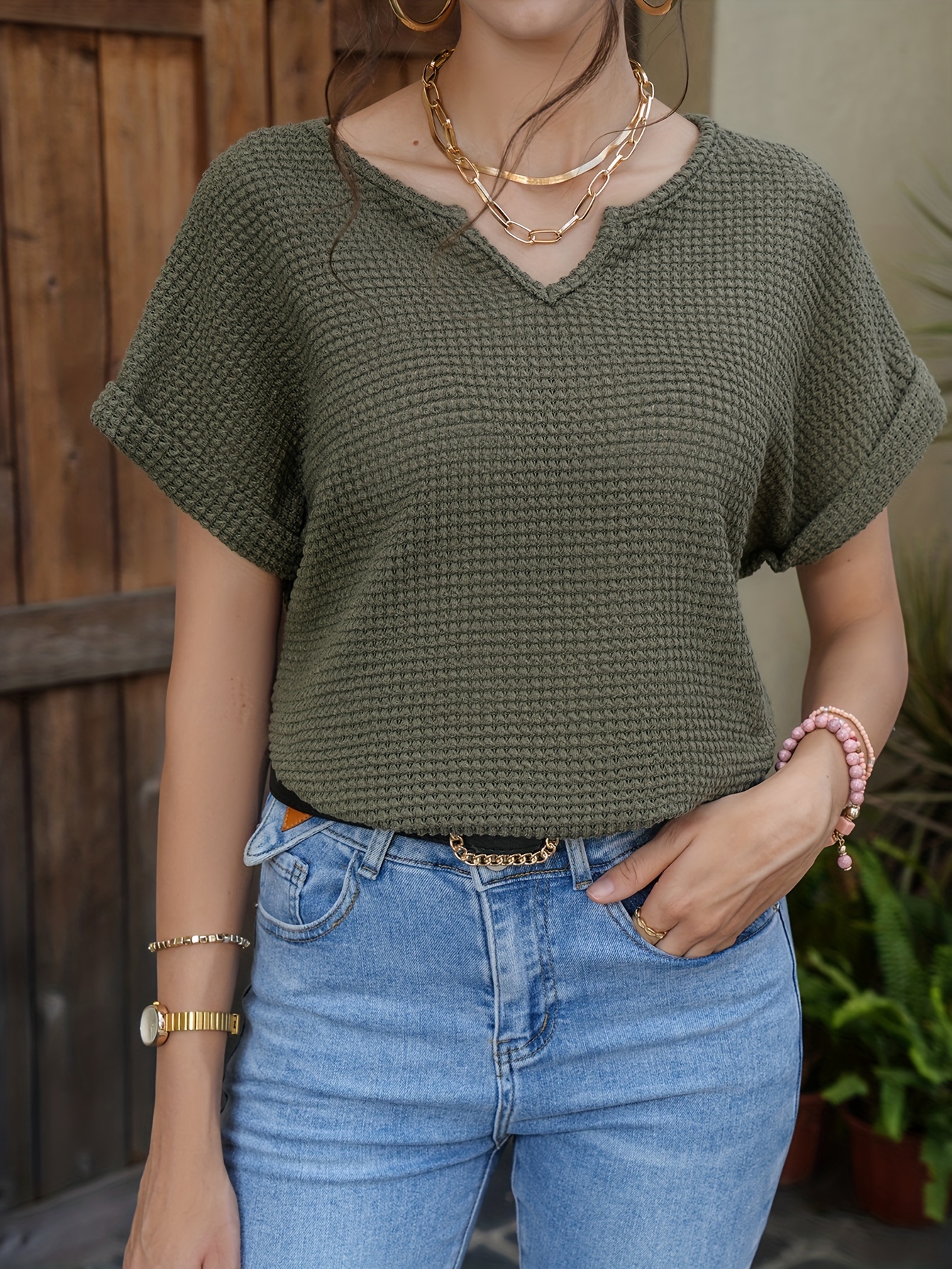 waffle knit v neck blouse casual short sleeve blouse for spring summer womens clothing details 25