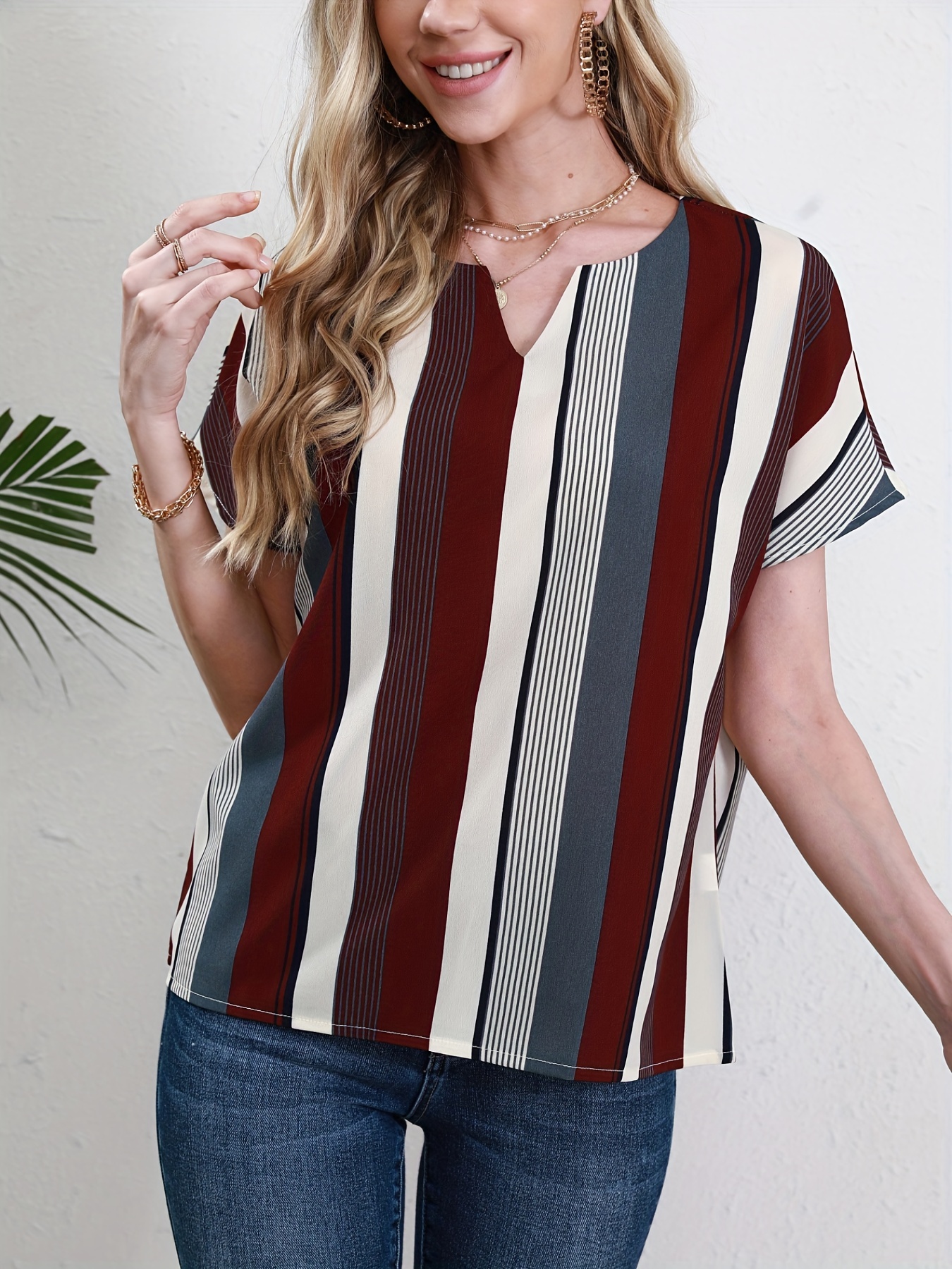 striped notched neck blouse casual short sleeve blouse for spring summer womens clothing details 4