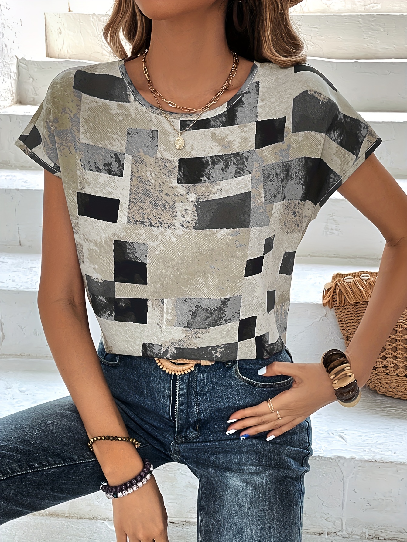 graphic print crew neck t shirt short sleeve aztec print tops womens clothing details 32