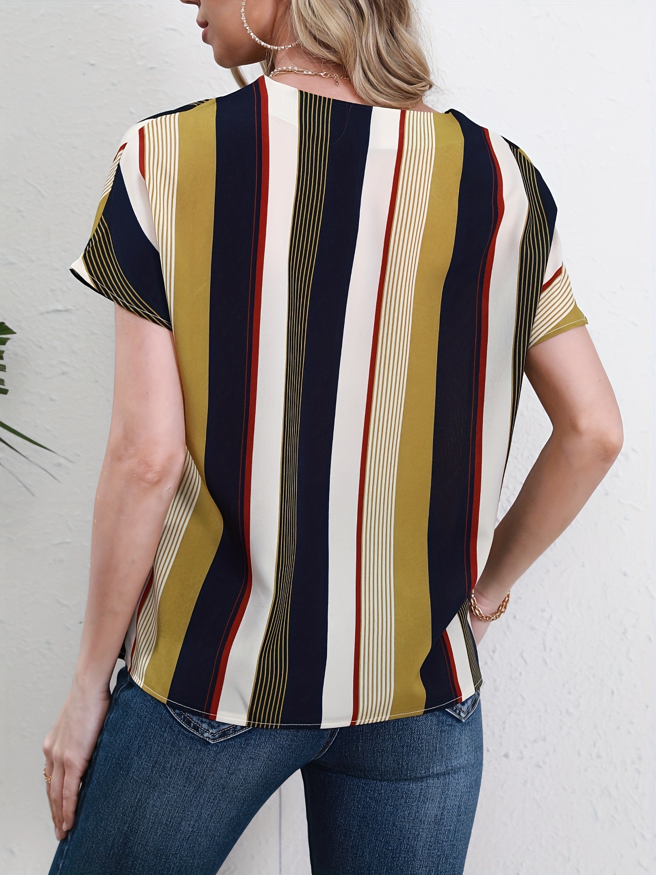 striped notched neck blouse casual short sleeve blouse for spring summer womens clothing details 7
