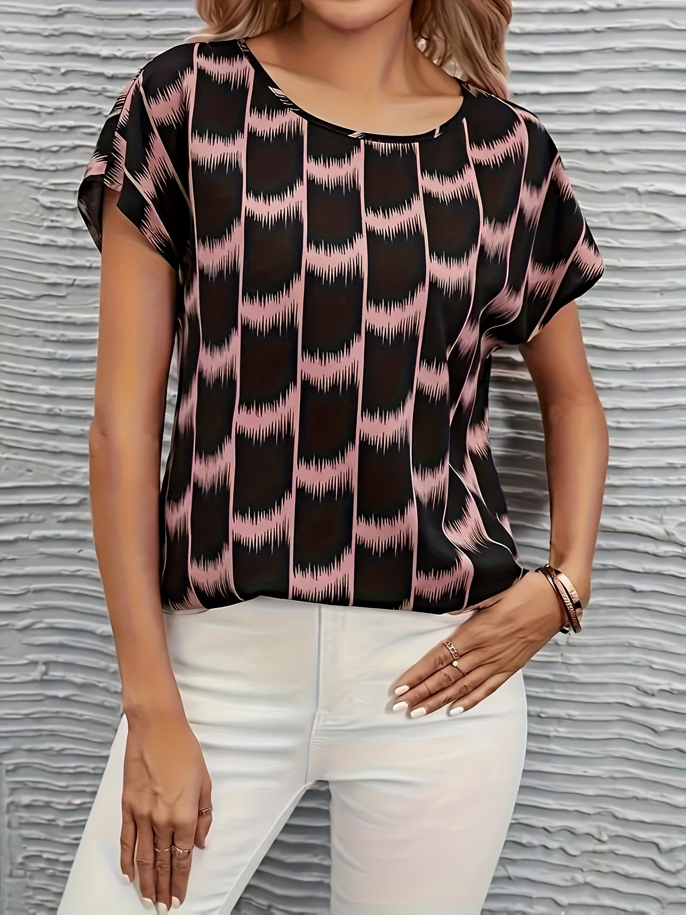 striped print color block blouse casual crew neck short sleeve top for spring summer womens clothing details 5