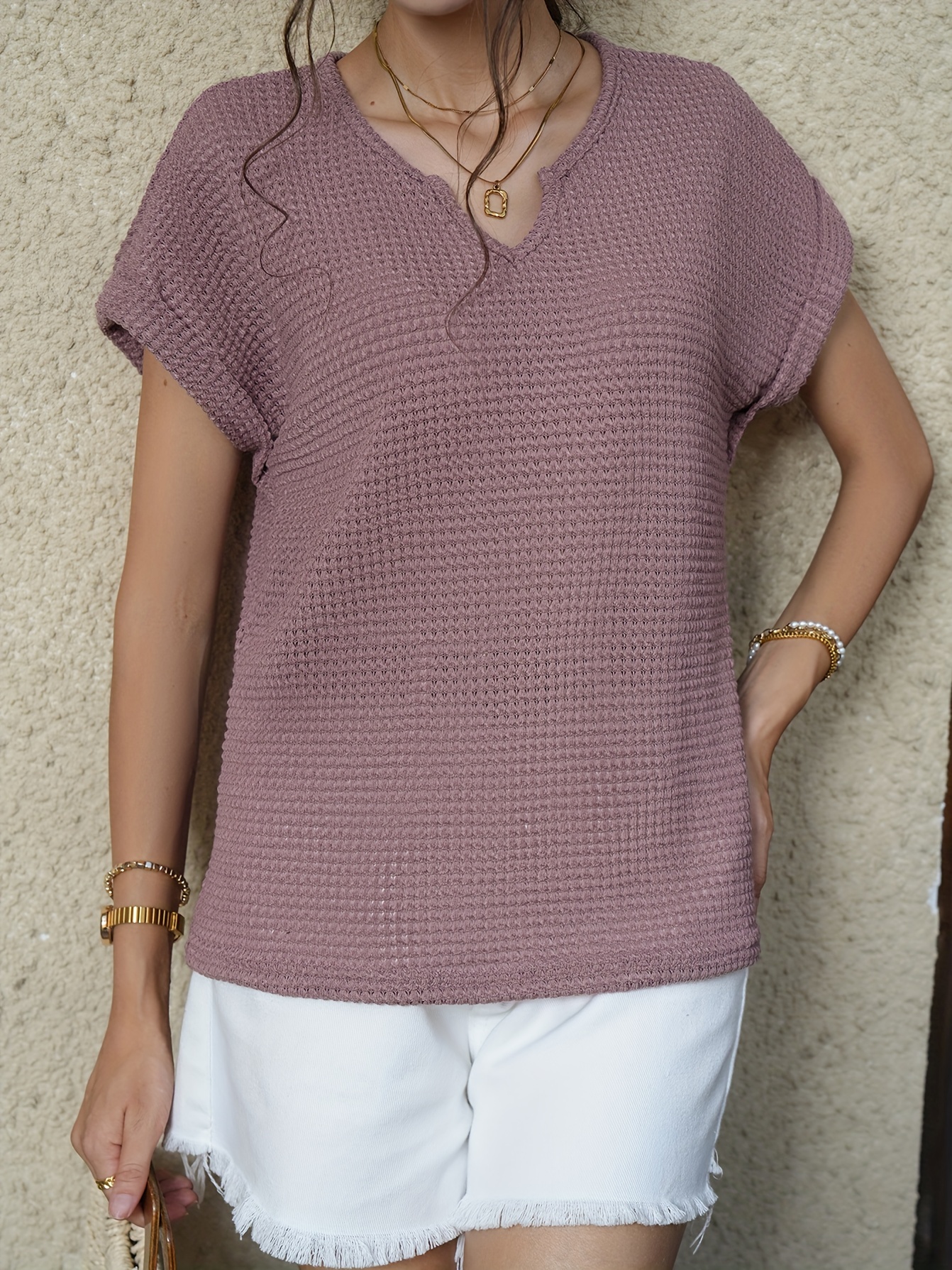 waffle knit v neck blouse casual short sleeve blouse for spring summer womens clothing details 32