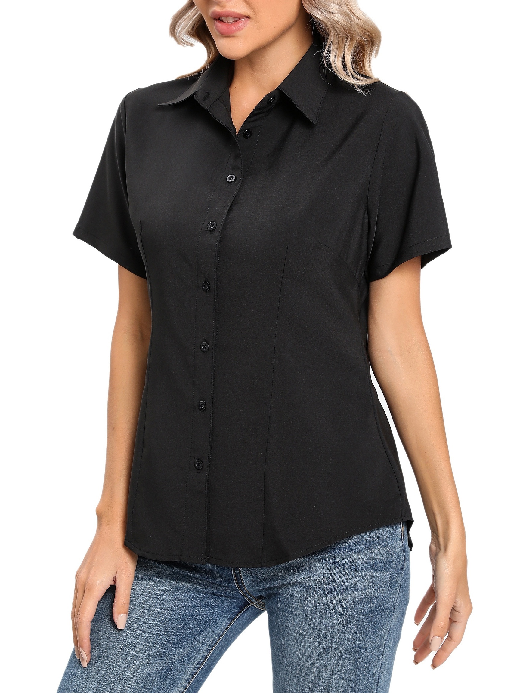 solid button front blouse casual short sleeve blouse for spring summer womens clothing details 23