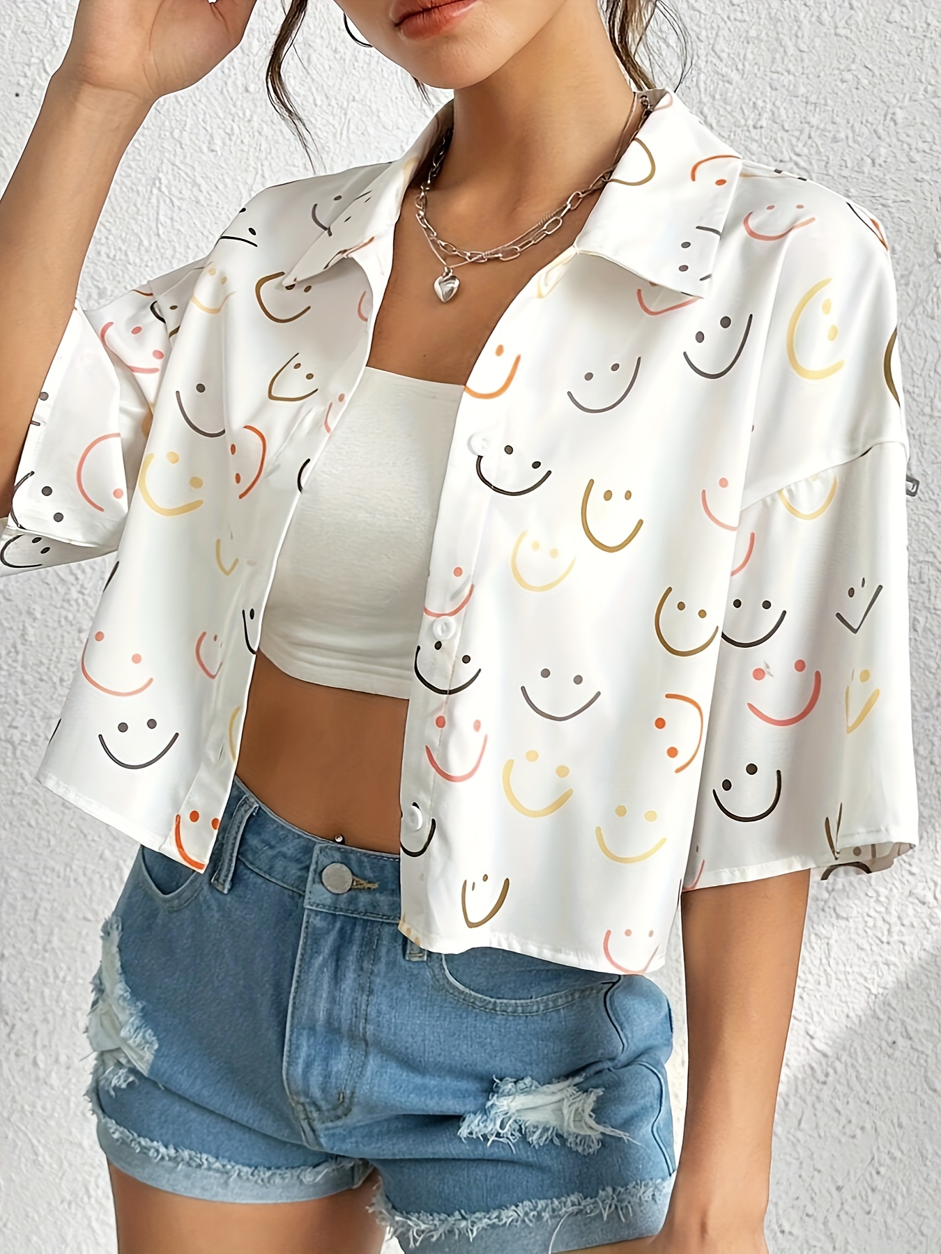smile print button front crop shirt cute drop shoulder short sleeve shirt for spring summer womens clothing details 3