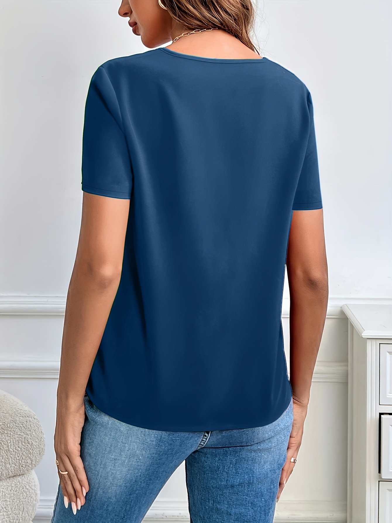 solid notched neck blouse casual short sleeve simple blouse womens clothing details 8