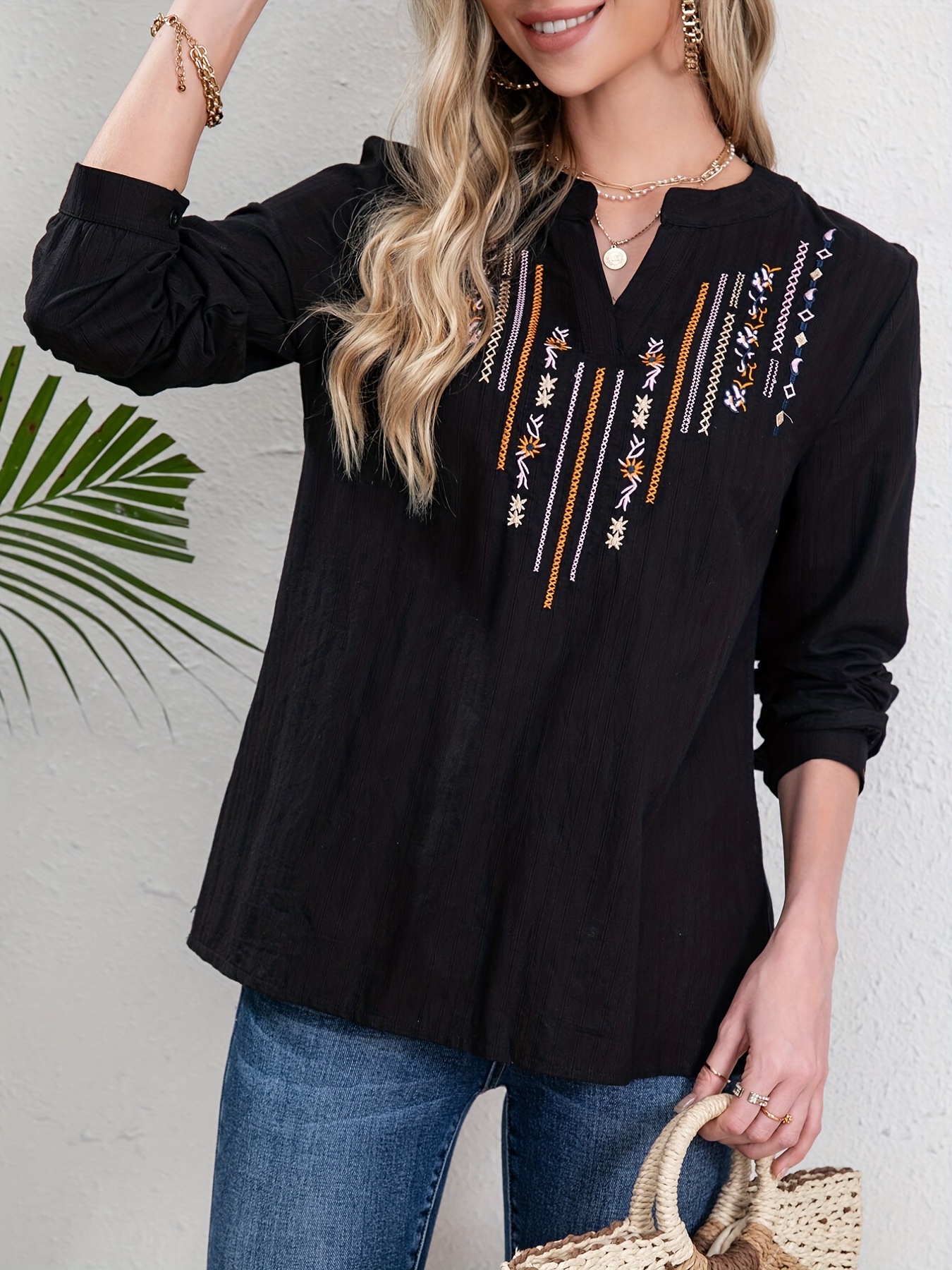 embroidery ethnic style v neck shirt casual long sleeve spring autumn shirts tops womens clothing details 5