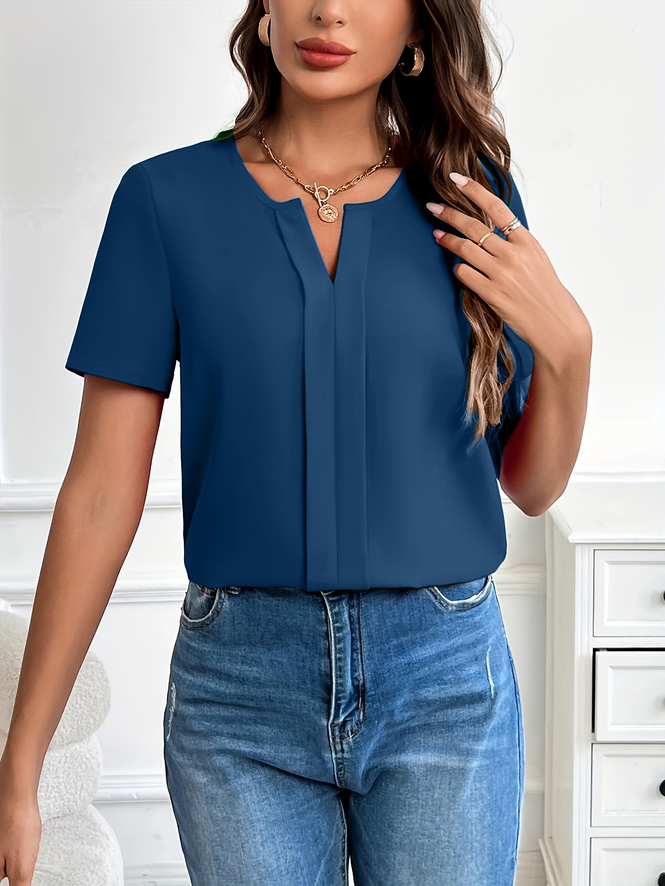 solid notched neck blouse casual short sleeve simple blouse womens clothing details 10