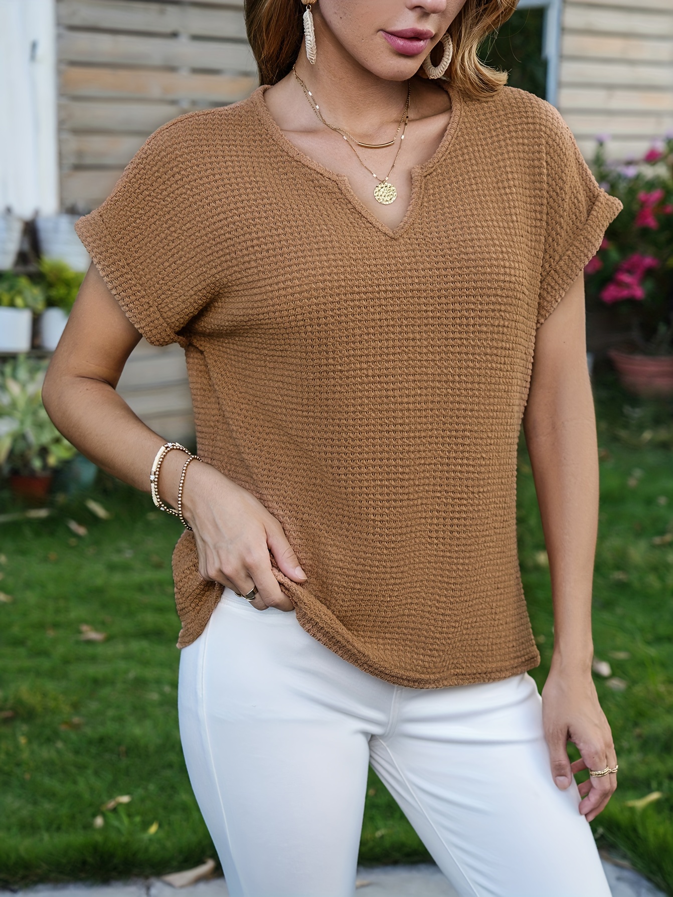 waffle knit v neck blouse casual short sleeve blouse for spring summer womens clothing details 14