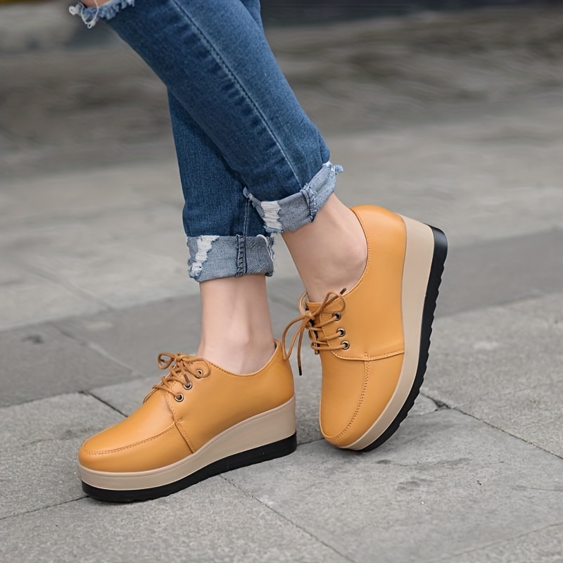 womens platform wedge loafers lace up round toe heightening shoes all match loafers details 3