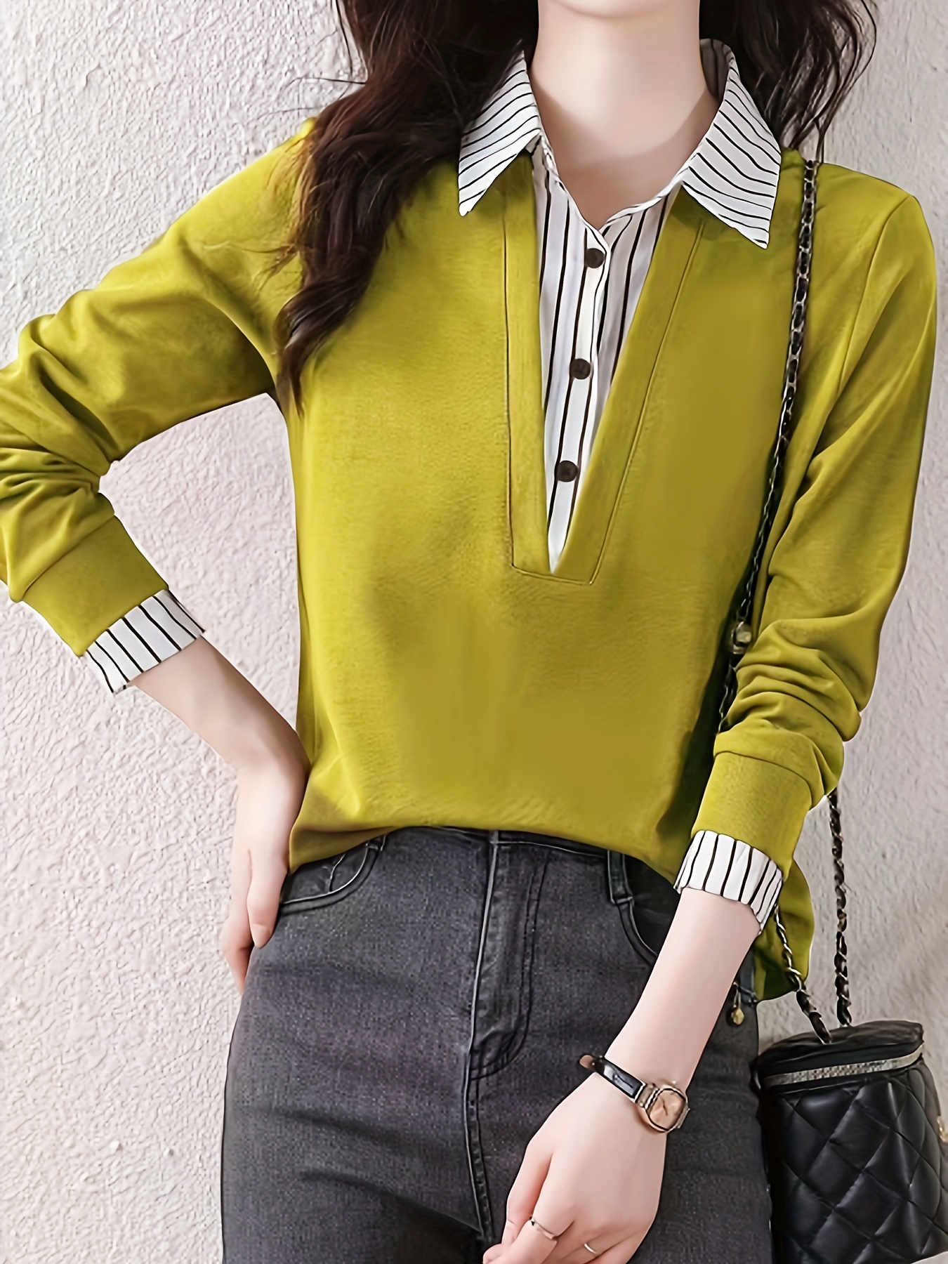 striped print color block splicing shirt casual long sleeve button front shirt for spring fall womens clothing details 8