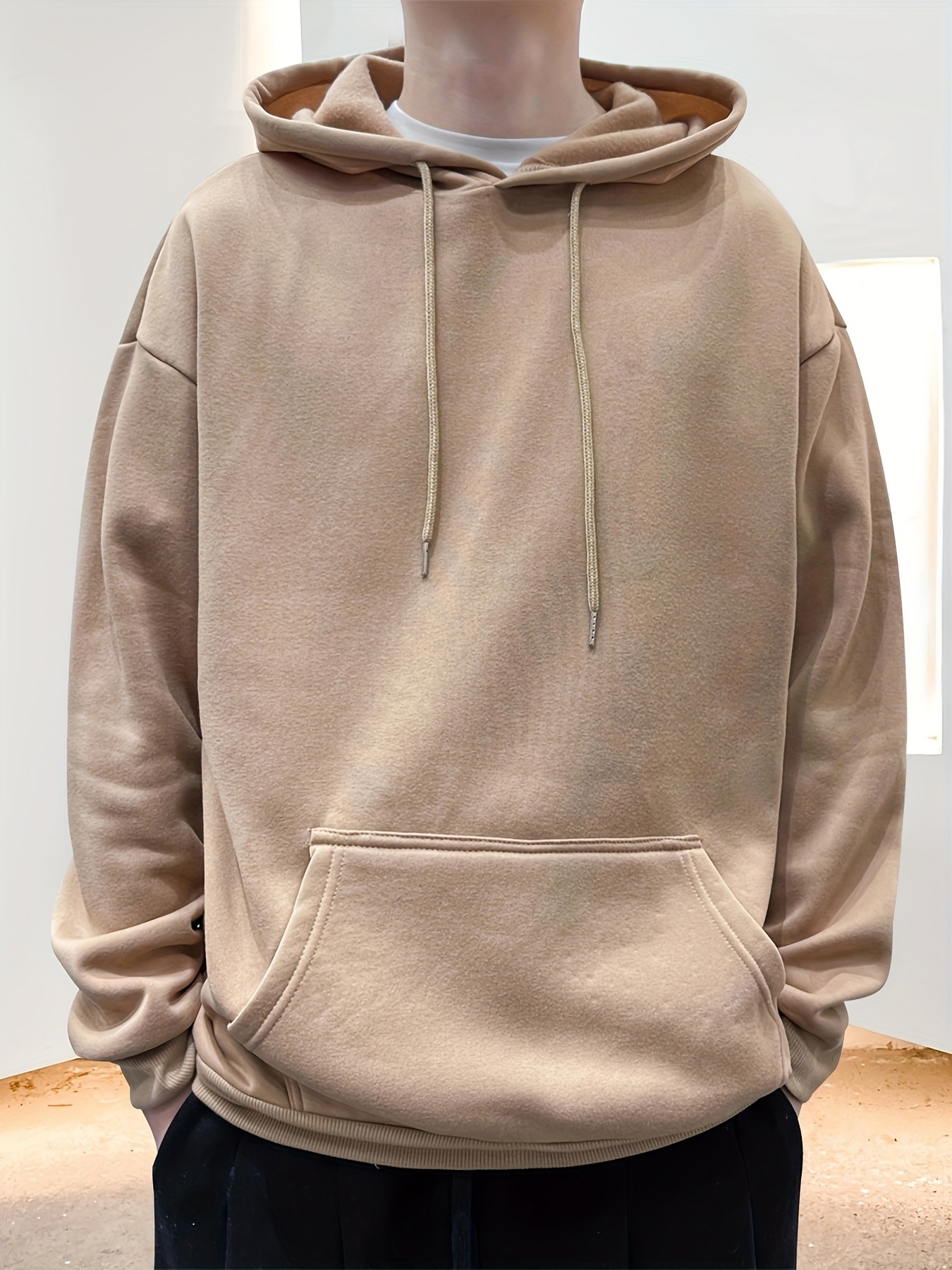 drop shoulder hoodie, mens fleece loose long sleeve drop shoulder hoodie details 6