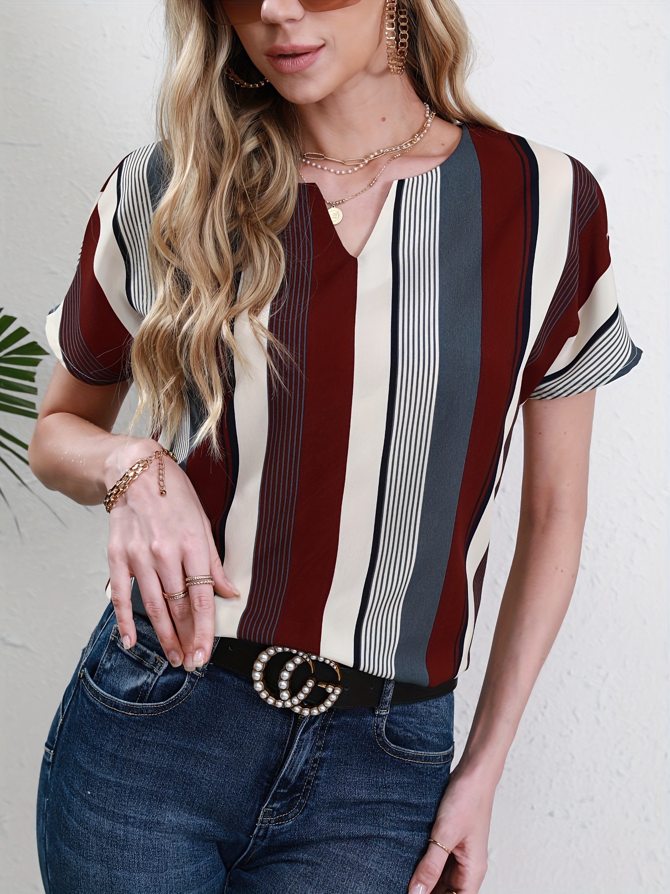 striped notched neck blouse casual short sleeve blouse for spring summer womens clothing details 1