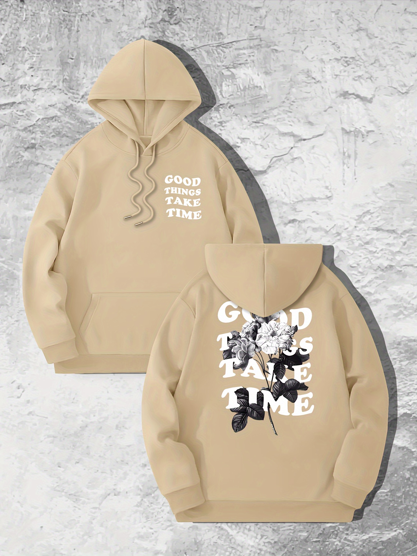 good things take time flower print mens pullover round neck long sleeve hooded sweatshirt pattern loose casual top for autumn winter mens clothing as gifts details 5