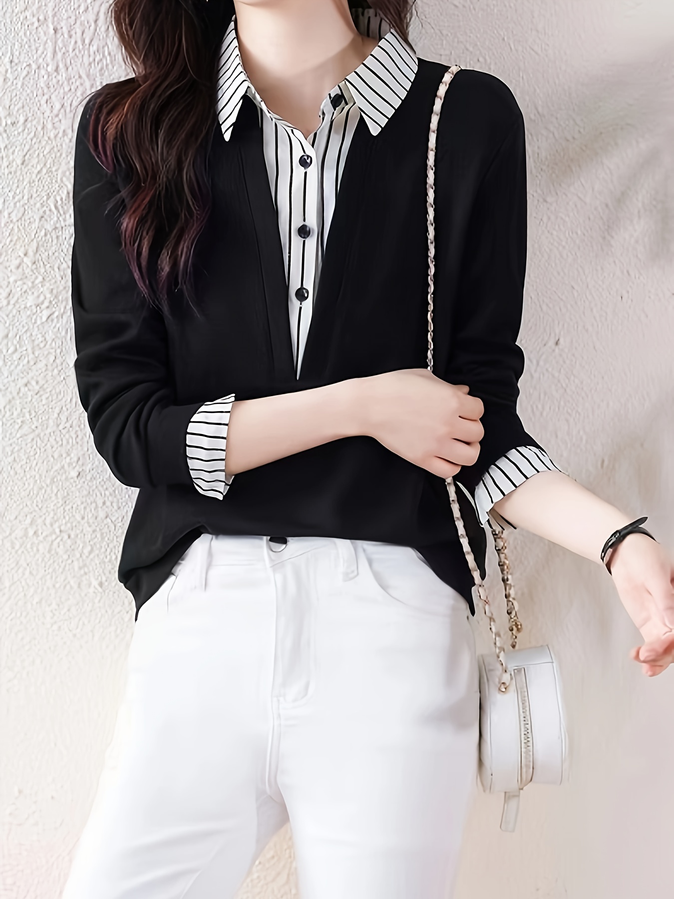 striped print color block splicing shirt casual long sleeve button front shirt for spring fall womens clothing details 1