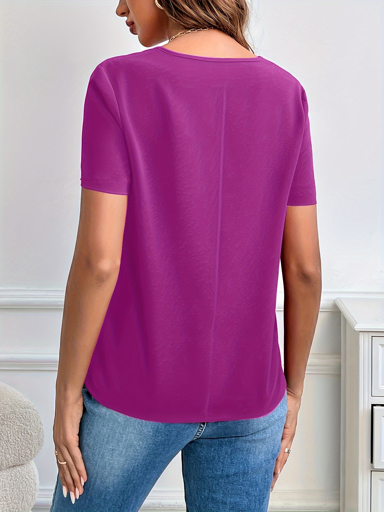 solid notched neck blouse casual short sleeve simple blouse womens clothing details 3