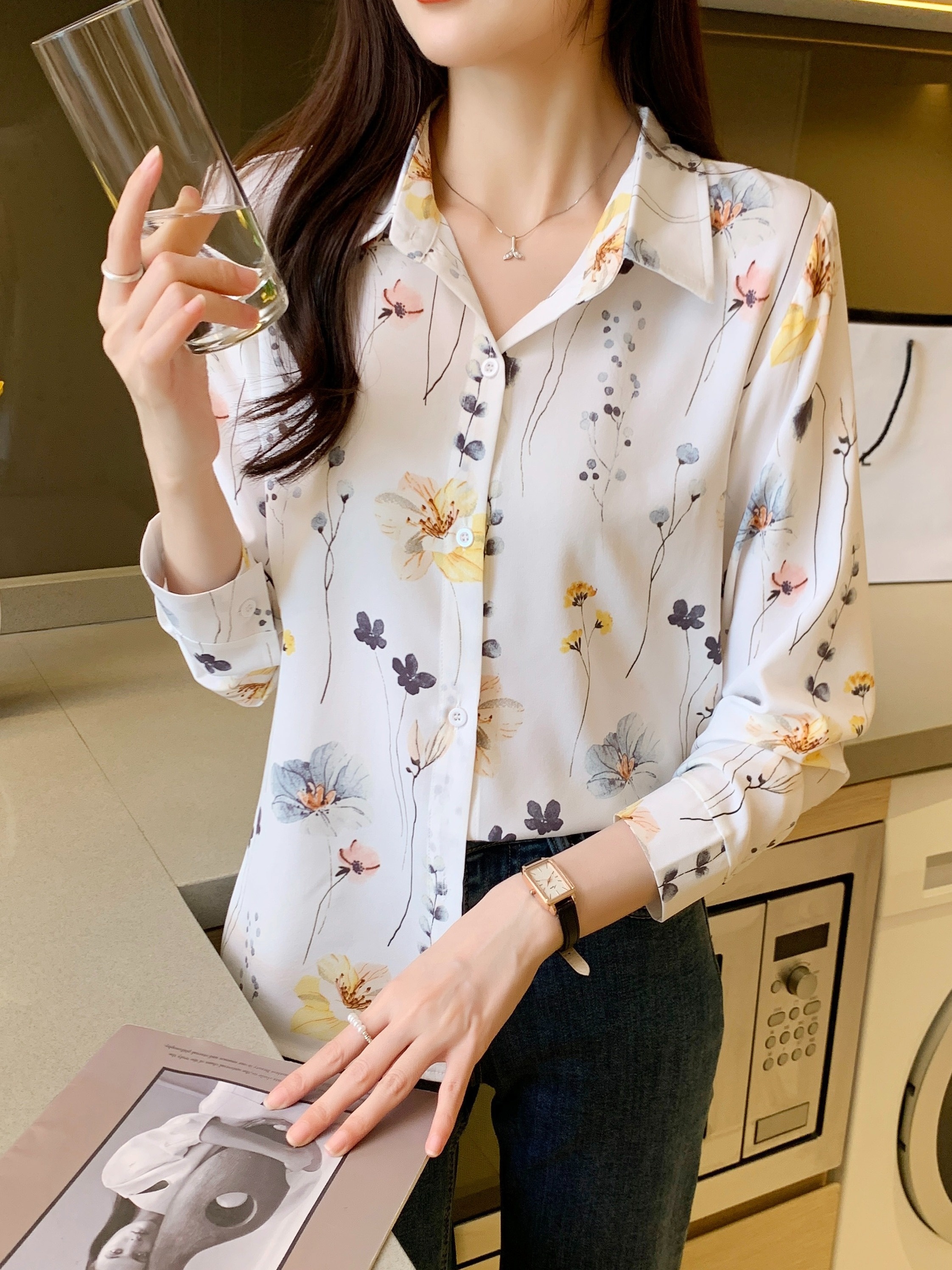 floral print button front shirt casual long sleeve shirt for spring fall womens clothing details 2