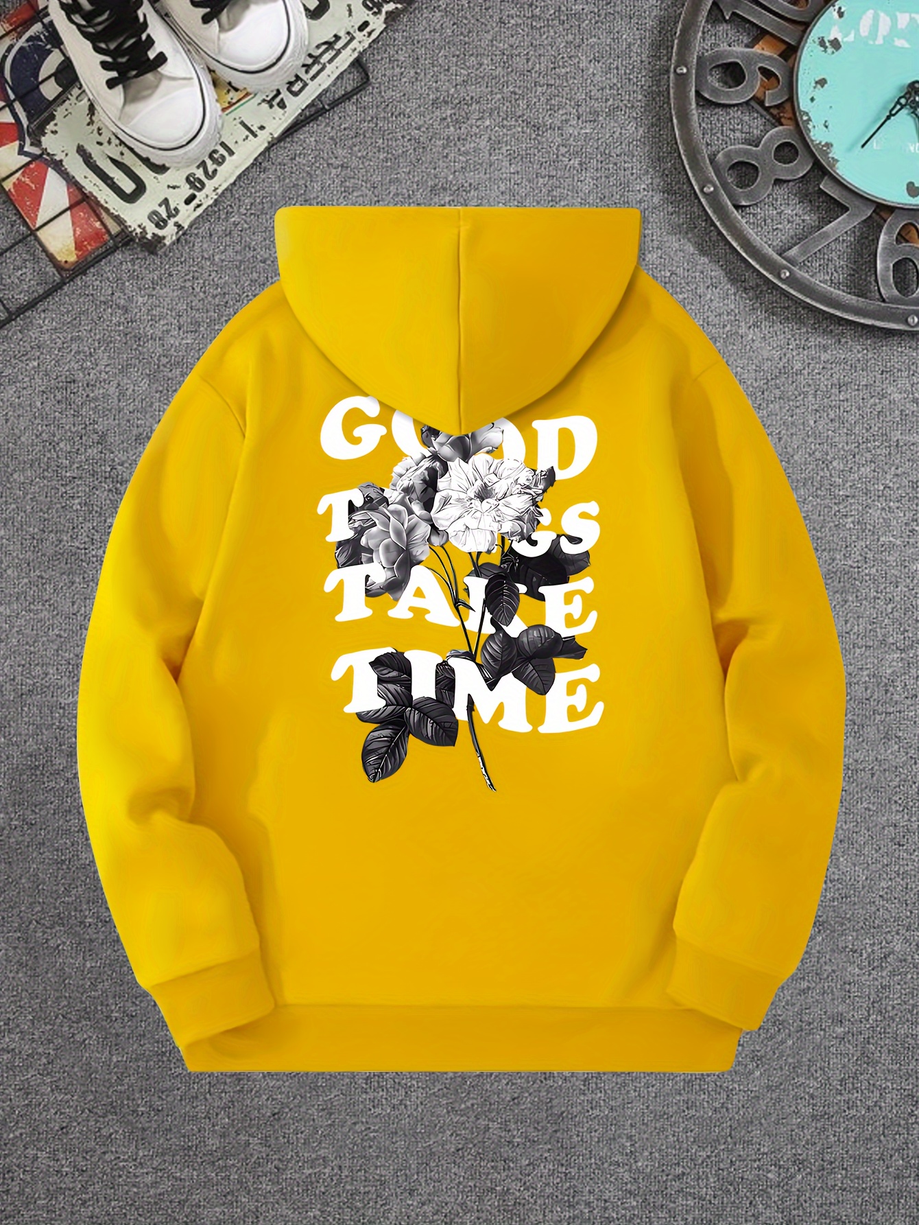 good things take time flower print mens pullover round neck long sleeve hooded sweatshirt pattern loose casual top for autumn winter mens clothing as gifts details 26