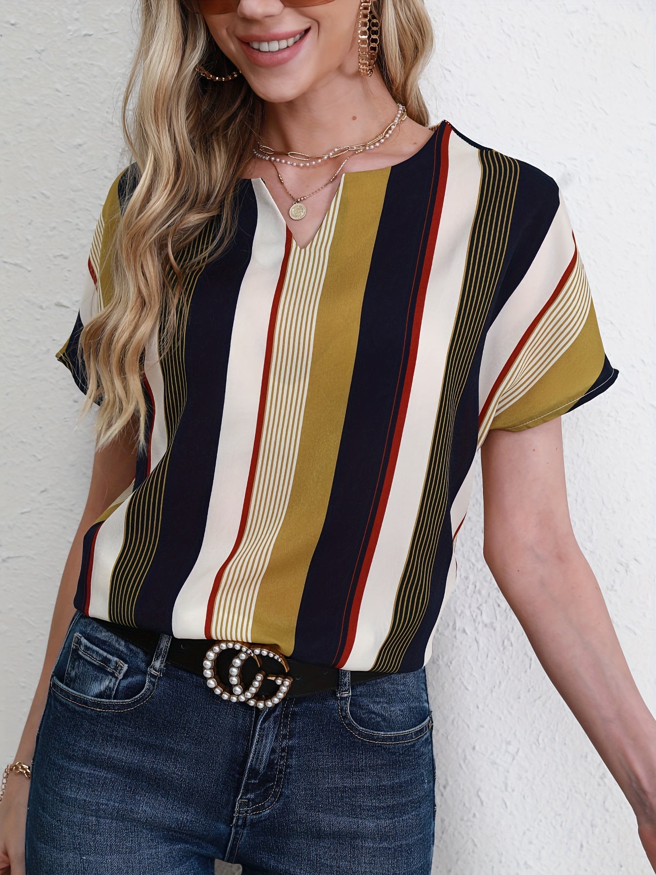 striped notched neck blouse casual short sleeve blouse for spring summer womens clothing details 10