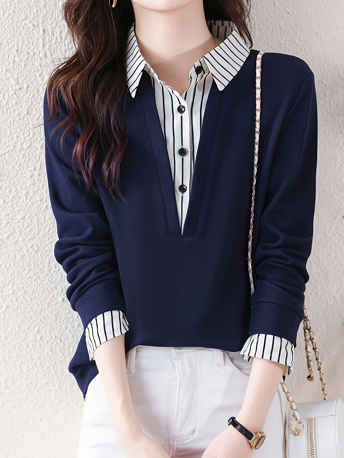 striped print color block splicing shirt casual long sleeve button front shirt for spring fall womens clothing details 12
