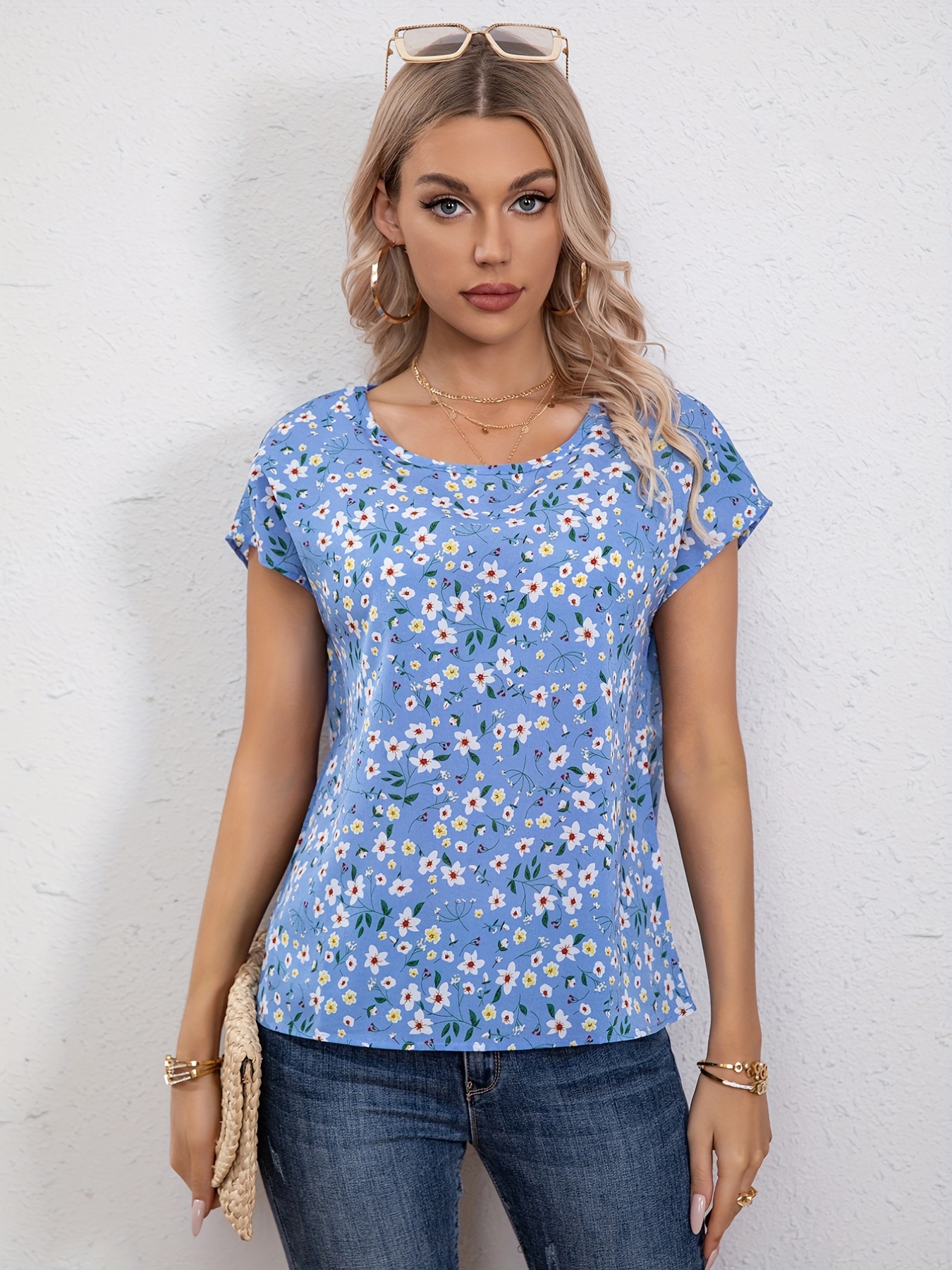 floral print crew neck blouse casual short sleeve blouse for spring summer womens clothing details 9