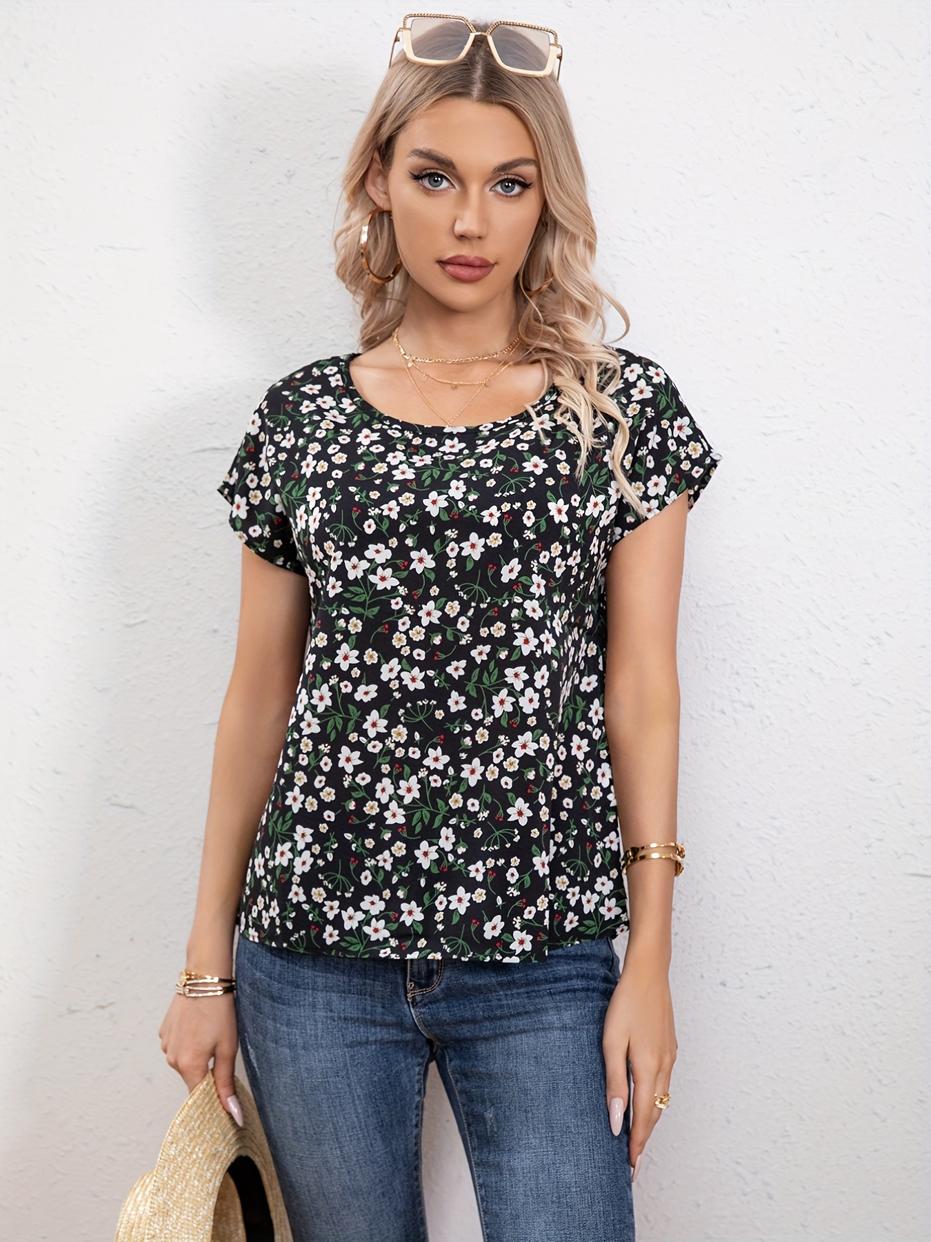 floral print crew neck blouse casual short sleeve blouse for spring summer womens clothing details 4