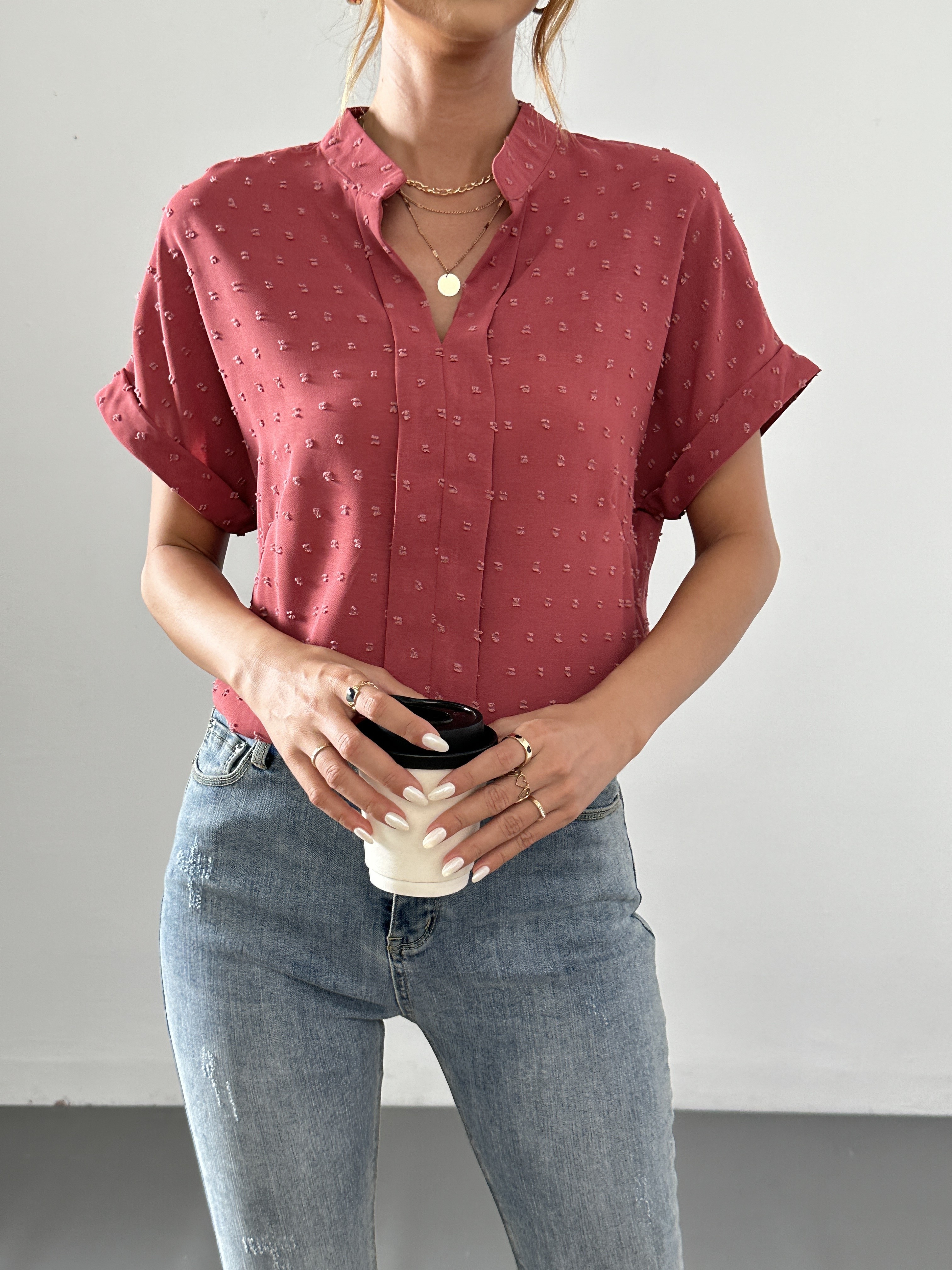 solid versatile blouse v neck short sleeve casual blouse womens clothing details 5