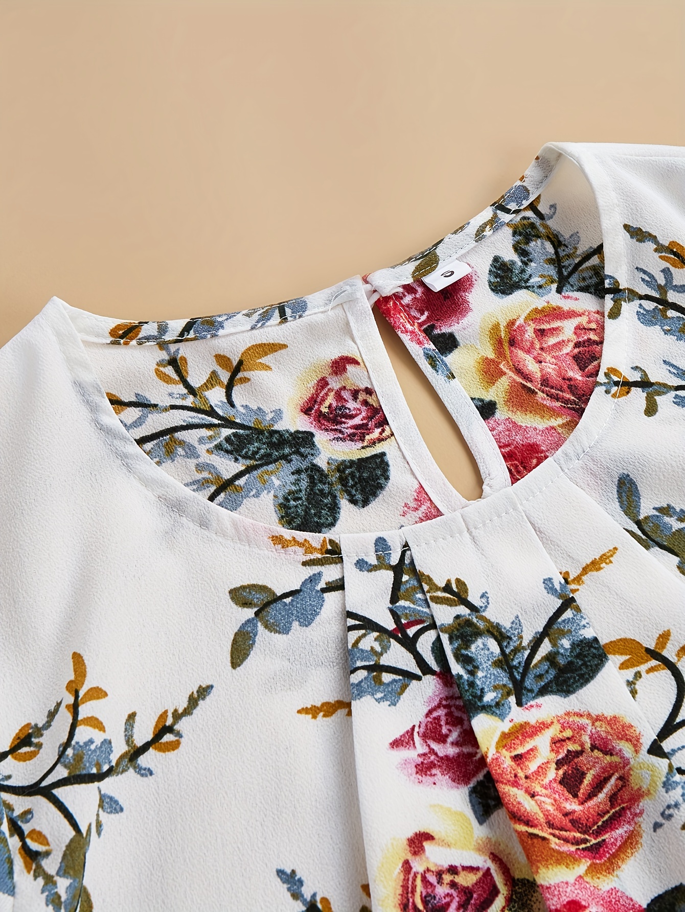 vintage floral print blouse elegant crew neck petal sleeve keyhole blouse womens clothing details 2
