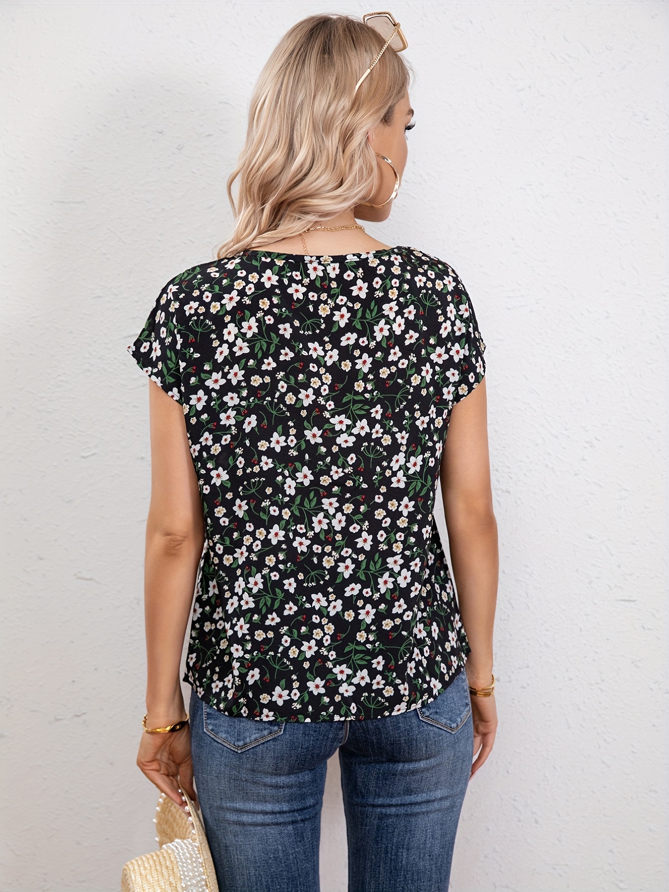 floral print crew neck blouse casual short sleeve blouse for spring summer womens clothing details 1