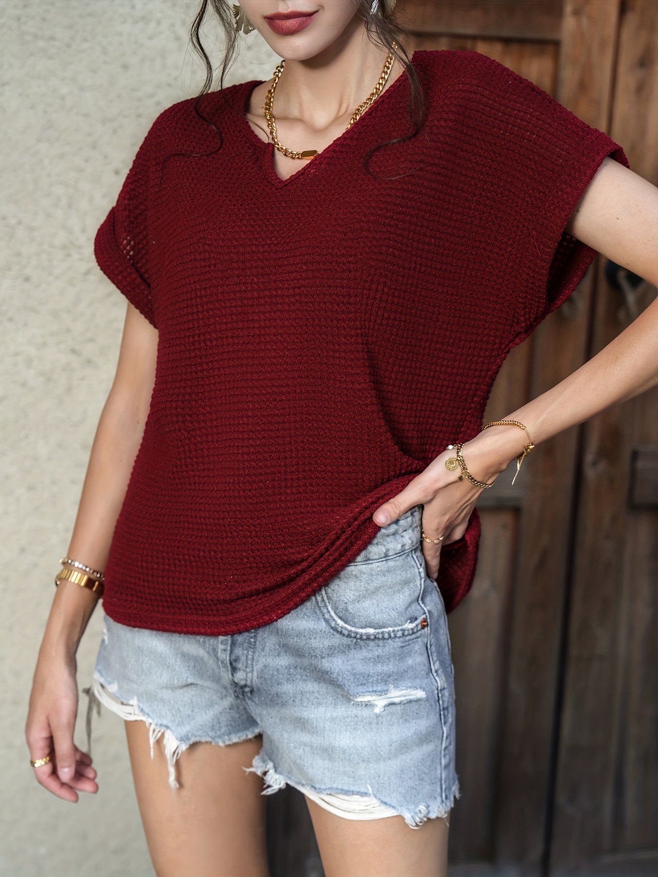 waffle knit v neck blouse casual short sleeve blouse for spring summer womens clothing details 0