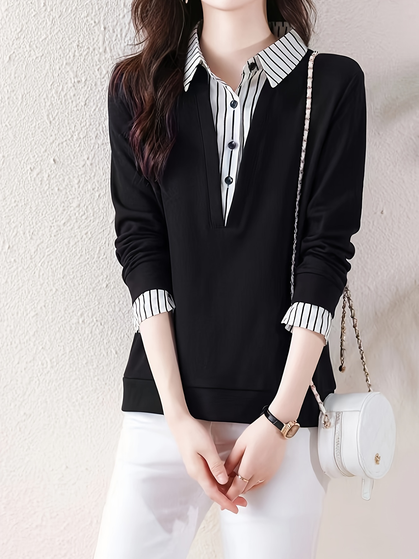 striped print color block splicing shirt casual long sleeve button front shirt for spring fall womens clothing details 4