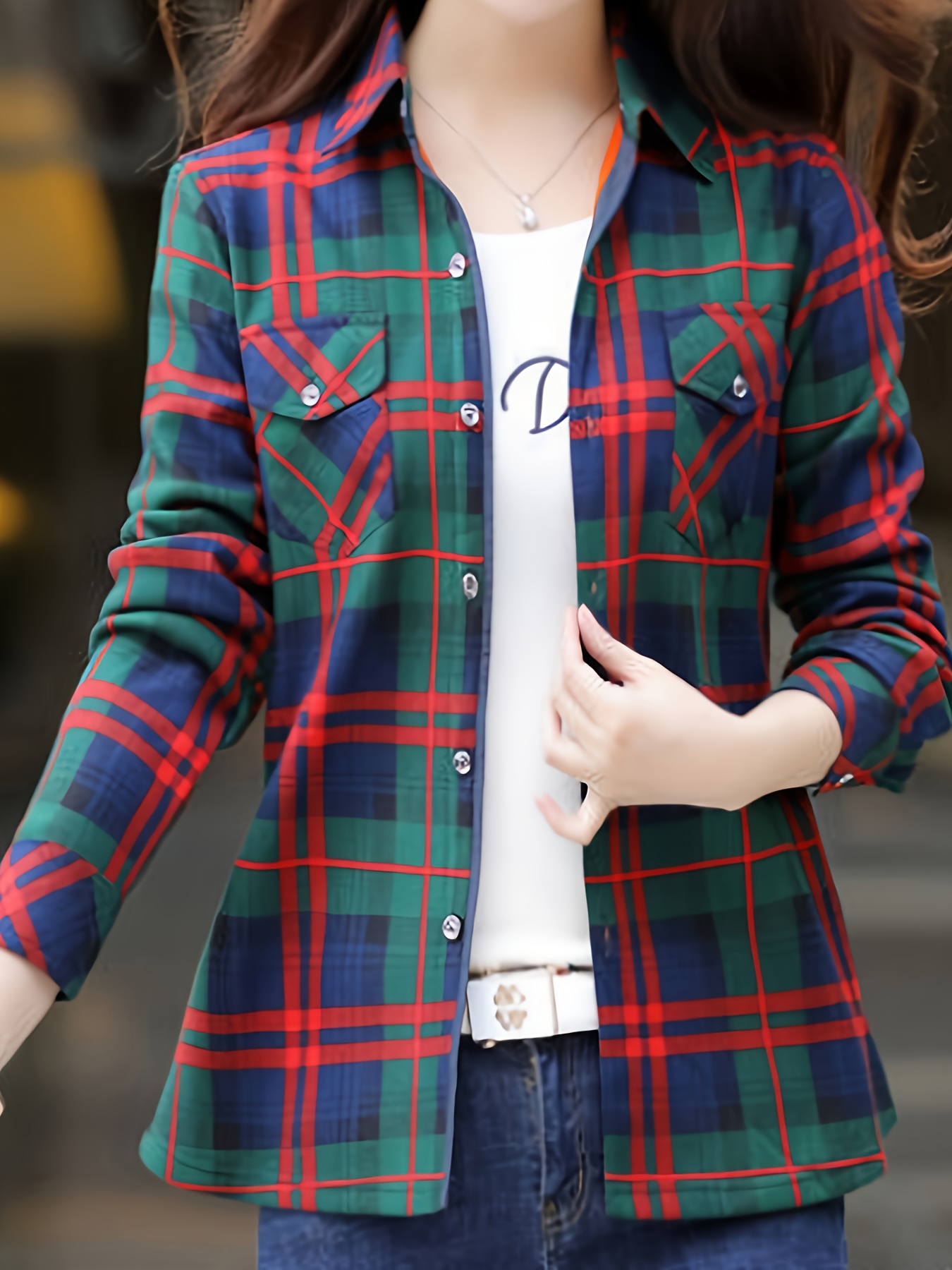 plaid print button front pocket shirt casual long sleeve shirt for spring fall womens clothing details 2