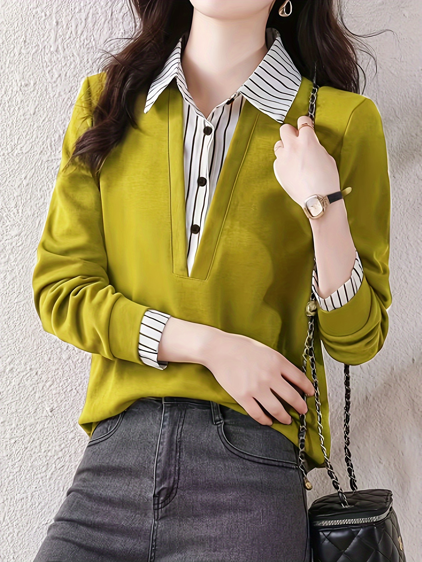 striped print color block splicing shirt casual long sleeve button front shirt for spring fall womens clothing details 6