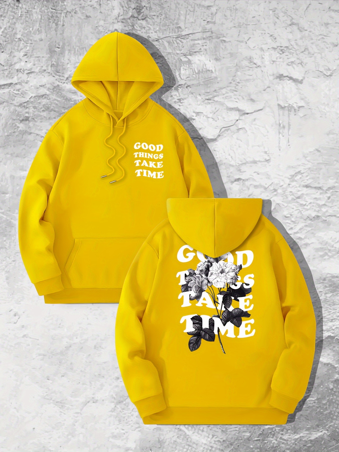 good things take time flower print mens pullover round neck long sleeve hooded sweatshirt pattern loose casual top for autumn winter mens clothing as gifts details 25