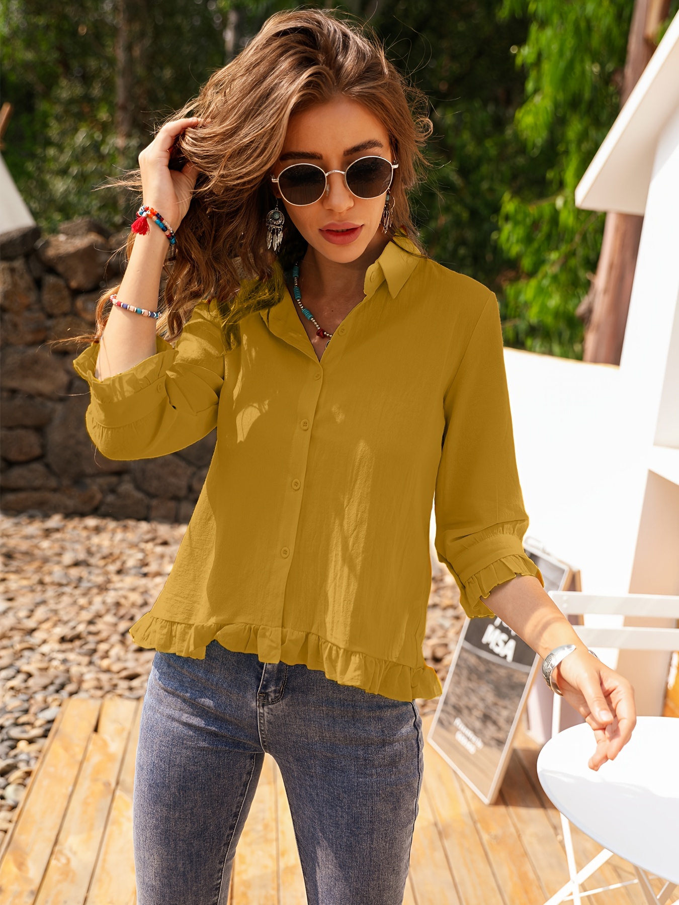solid ruffle trim 3 4 sleeve t shirt casual all seasons tops womens clothing details 10