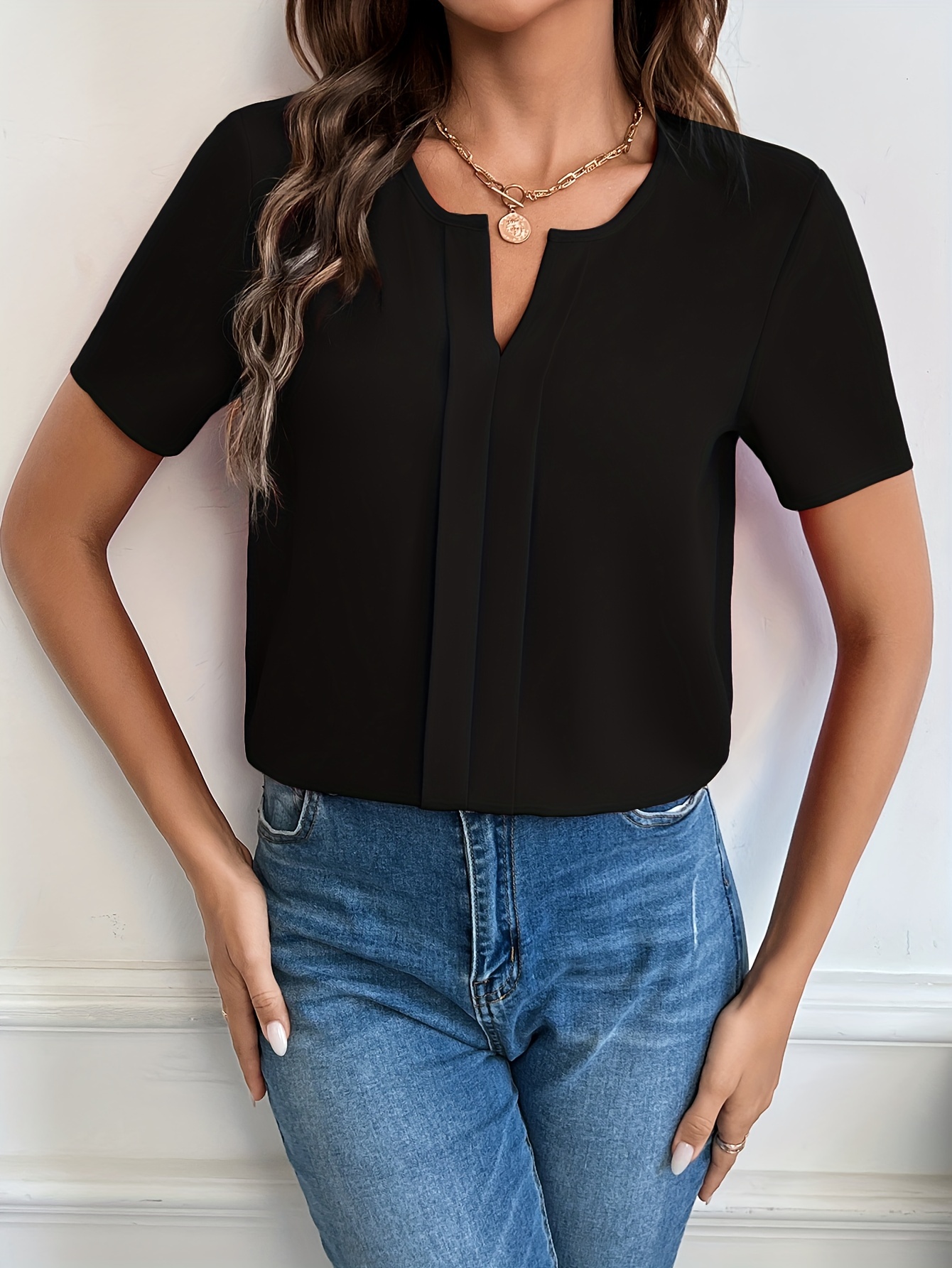 solid notched neck blouse casual short sleeve simple blouse womens clothing details 25